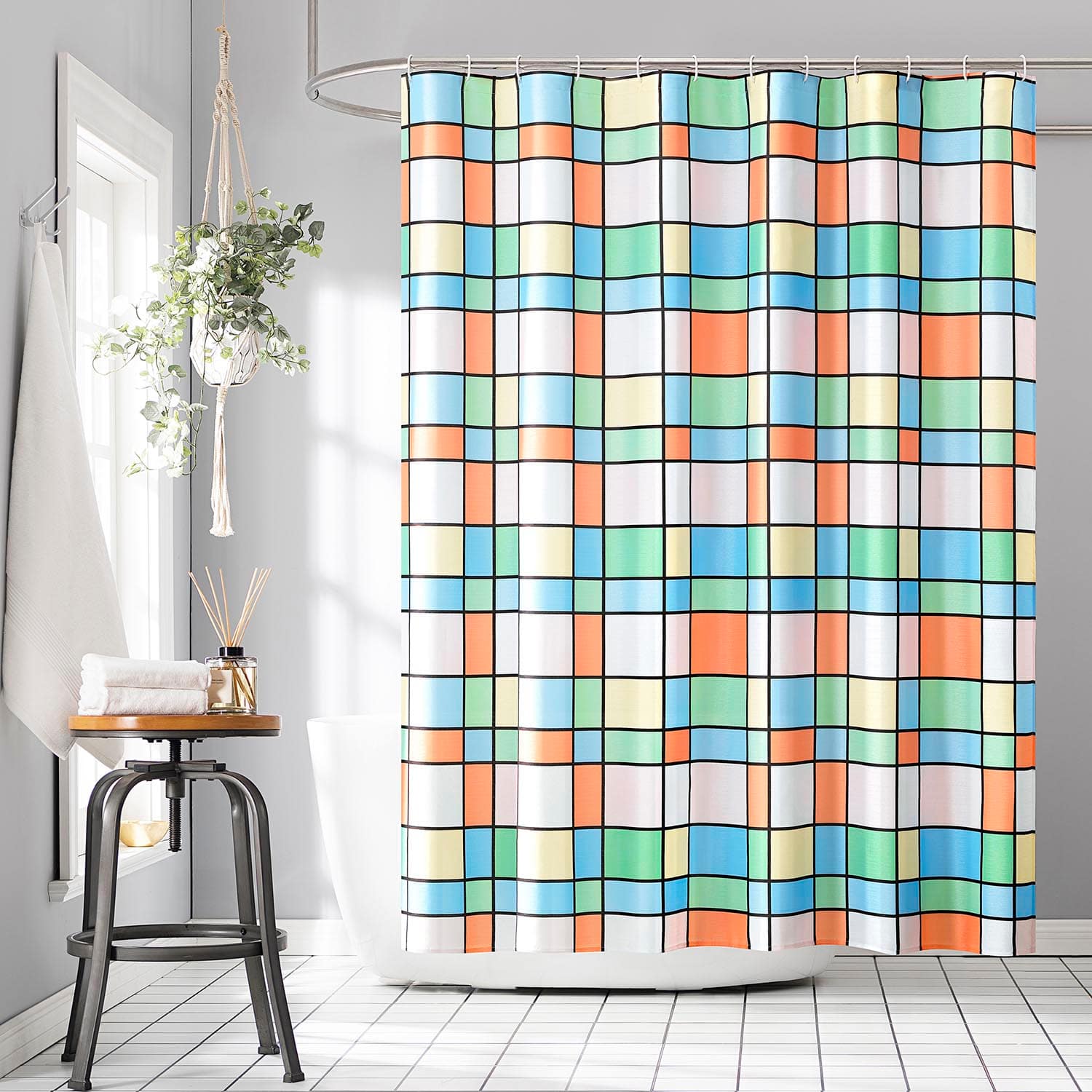13-Piece Multicolor Retro Grid Shower Curtain Set, 70x72