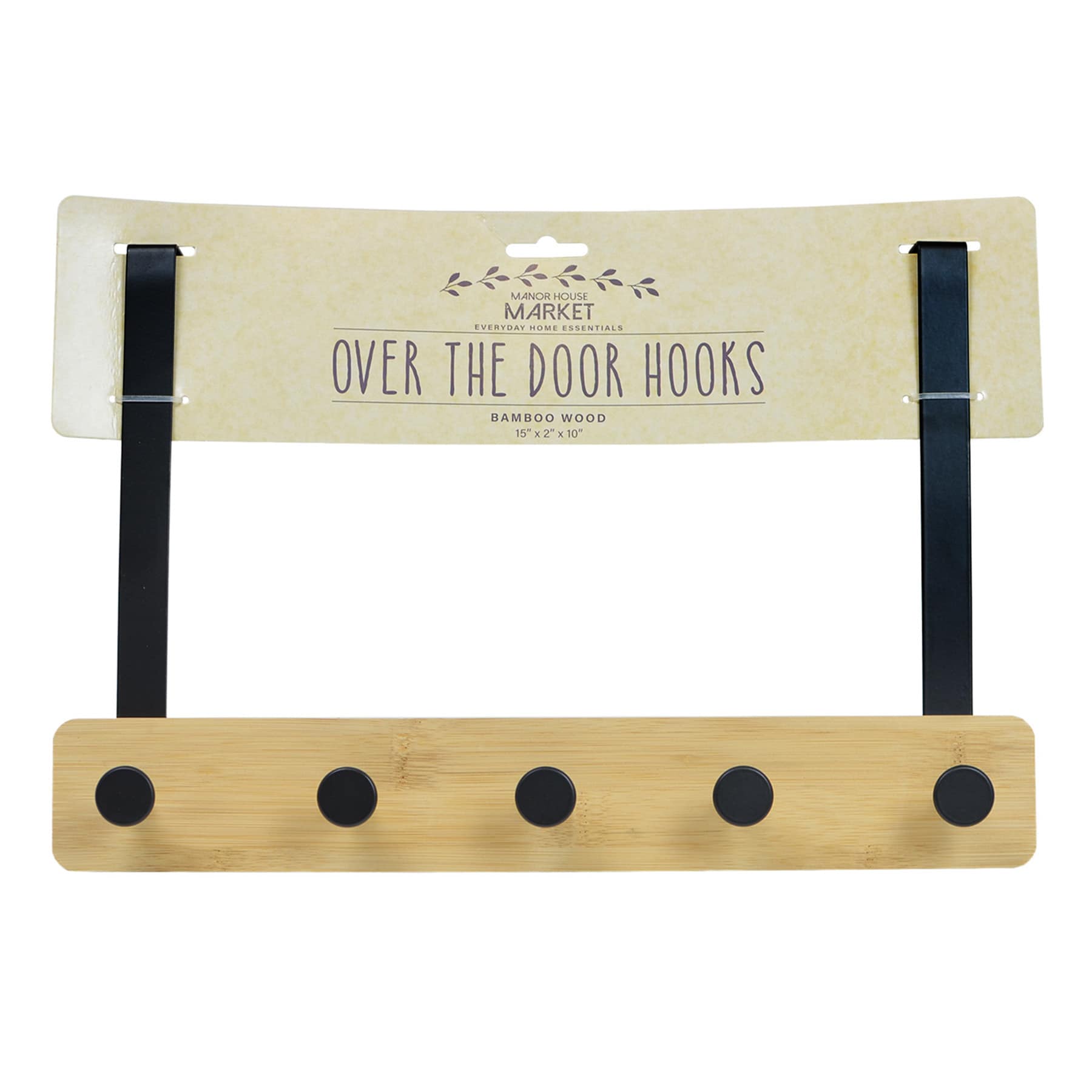 5-Hook Black Metal with Bamboo Wood Over the Door Hanger
