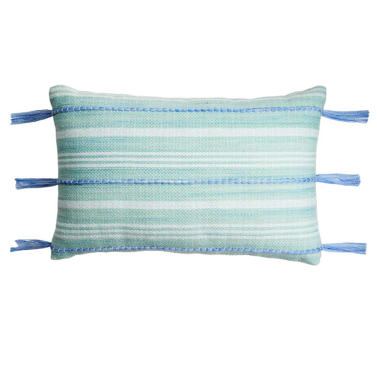 Honeybloom Aqua Blue Textured Stripe Outdoor Lumbar Throw Pillow, 14x20