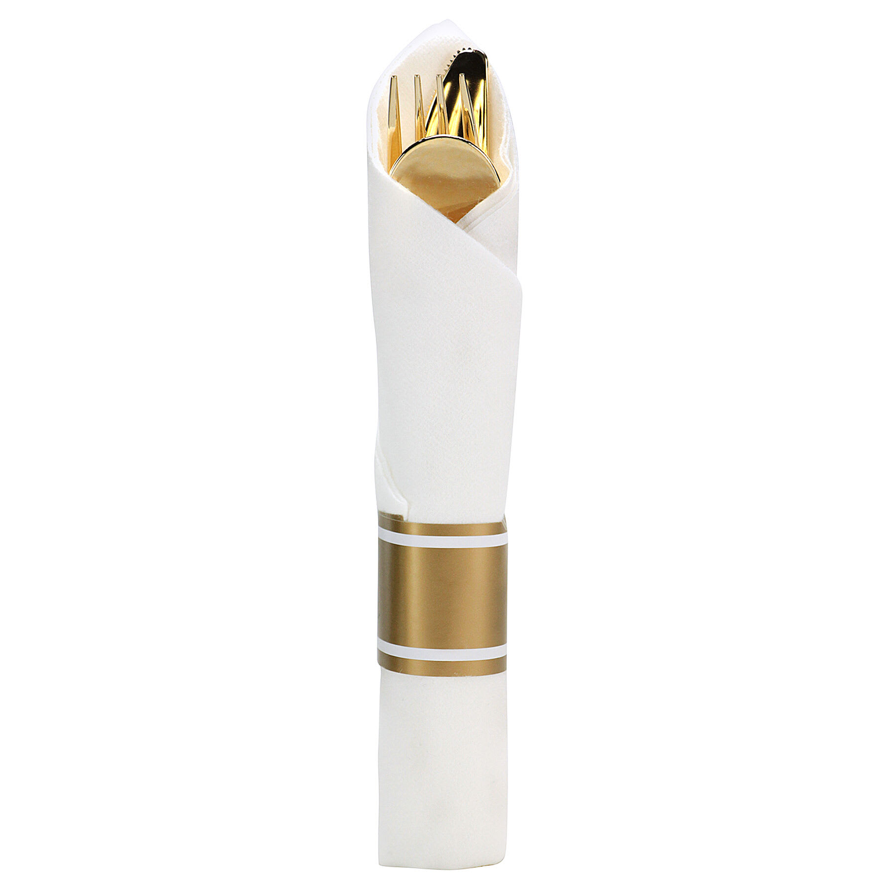 Lillian Table Settings 10-Count Polished Gold & White Rolled Cutlery Combo