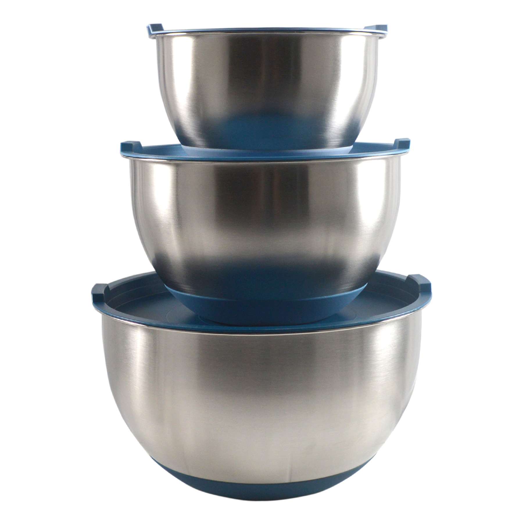 3-Piece Stainless Steel Mixing Bowls with Lids & Non-Skid Base, Blue