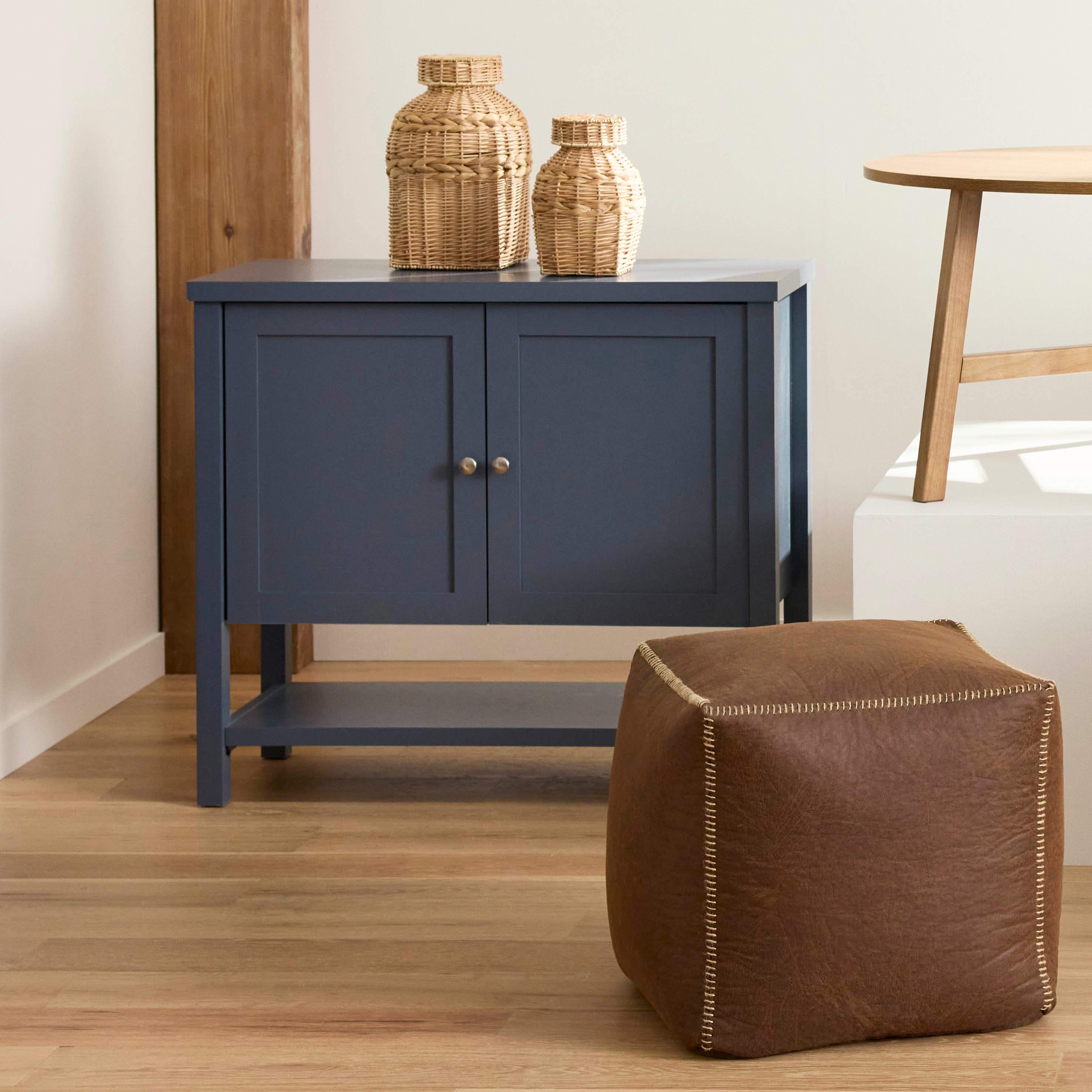 Honeybloom Faux Leather Brown Pouf with Baseball Stitch