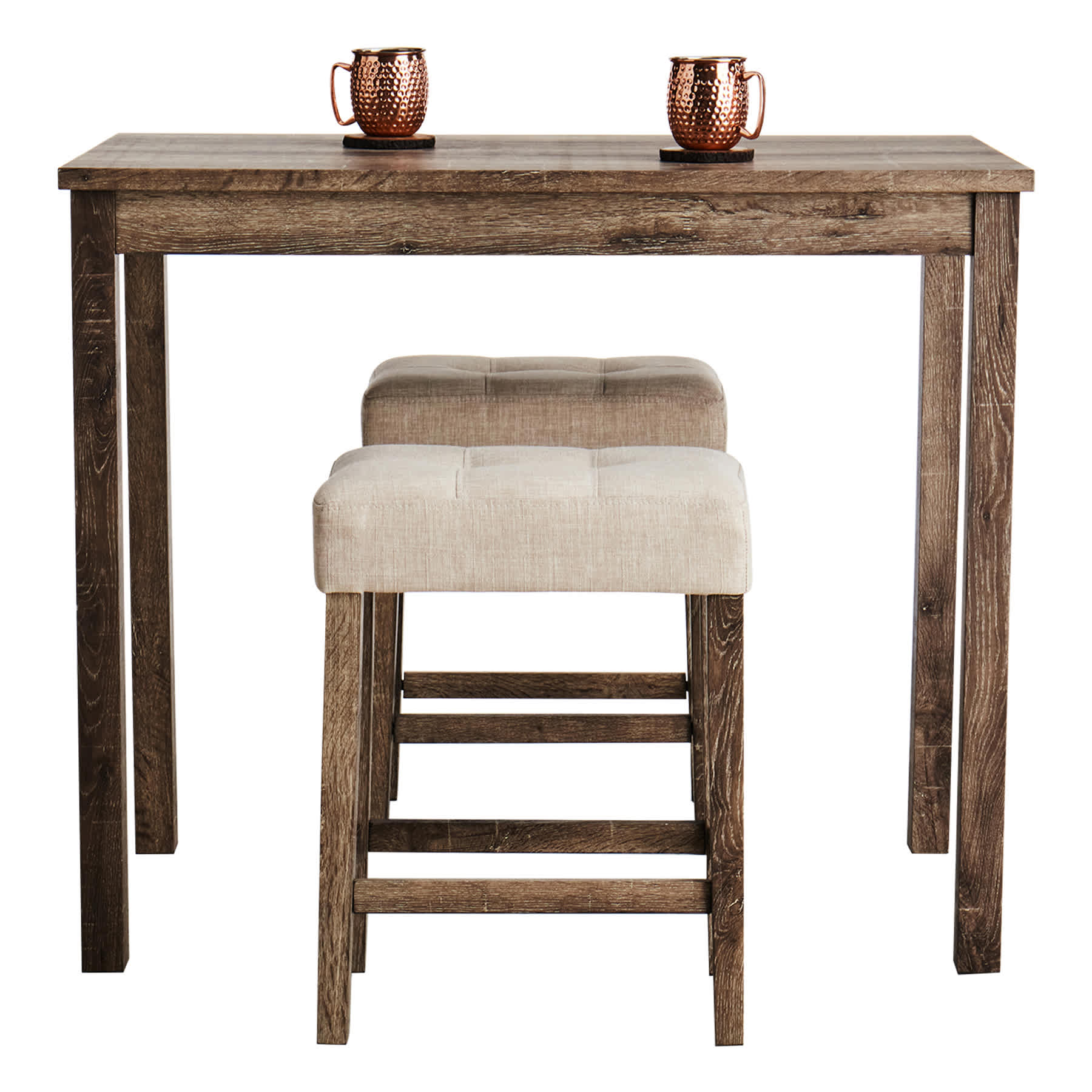 3-Piece Oak Lawn Table Set with Ivory Upholstered Counter Stools, 42"