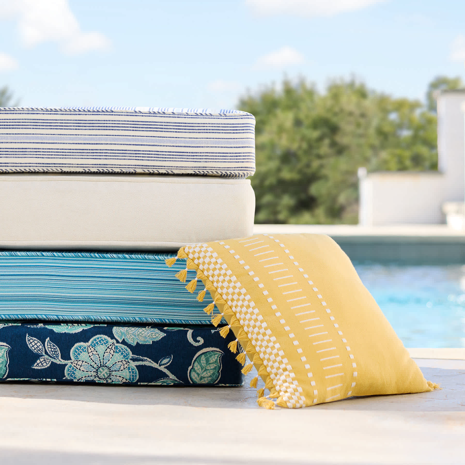 Honeybloom Ochre Stripe Tassel Outdoor Throw Pillow, 18"