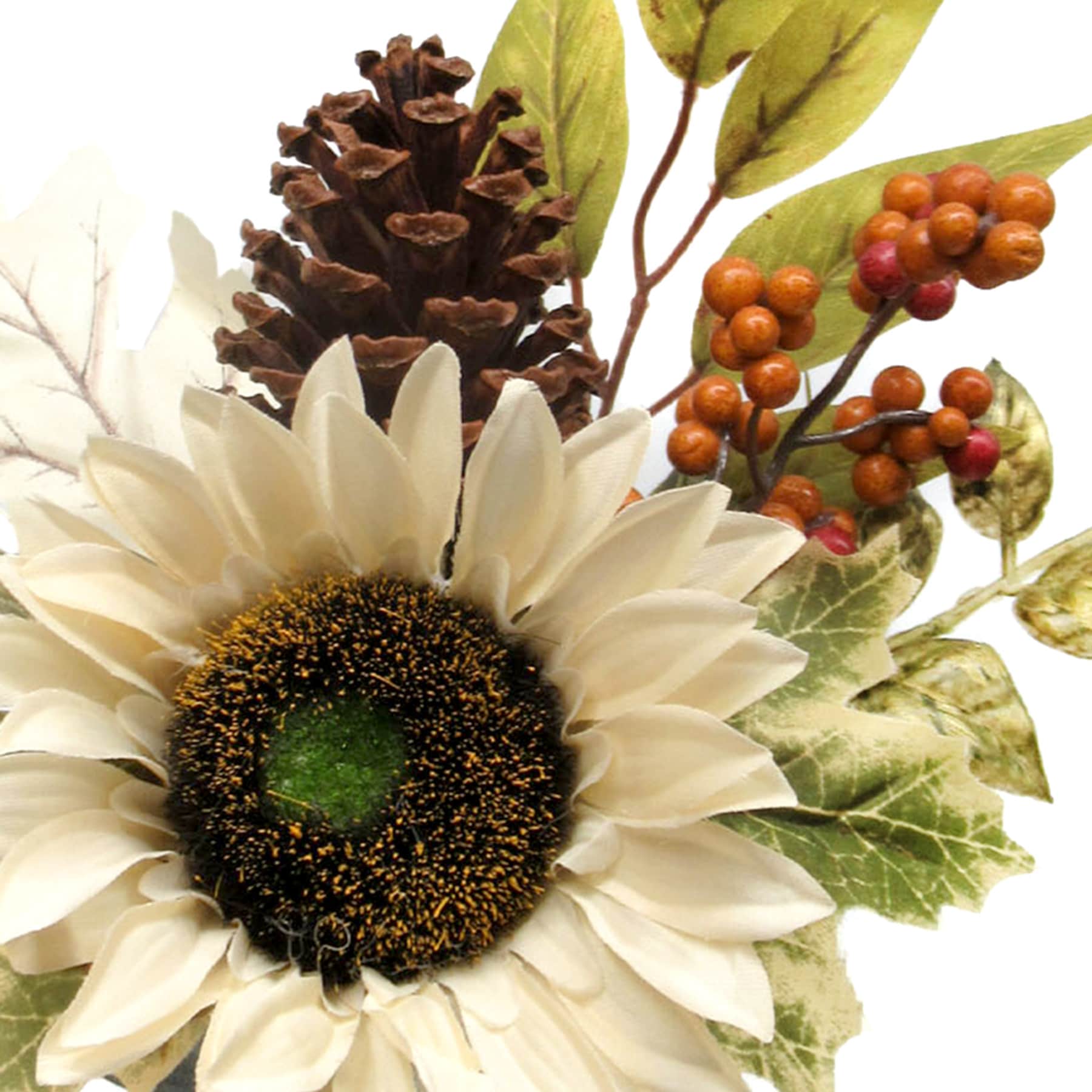 White Sunflower, Berry & Cone in Pot, 9.5"