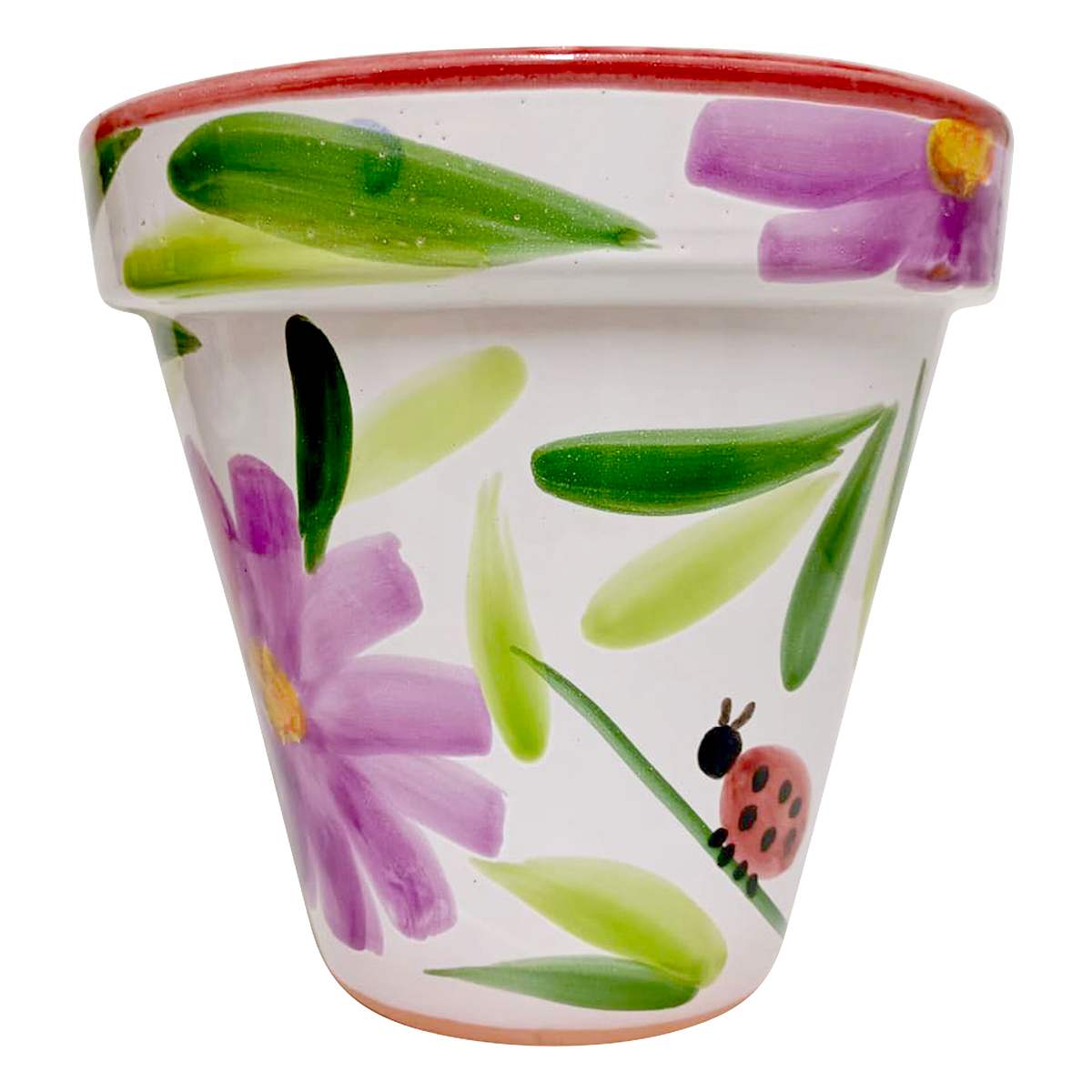 Hand Painted Spanish Lilac Flower with Ladybug Outdoor Planter, Medium