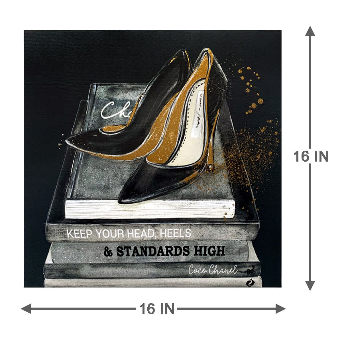 Classic Black Heels & Books with Foil Canvas Wall Art, 16"