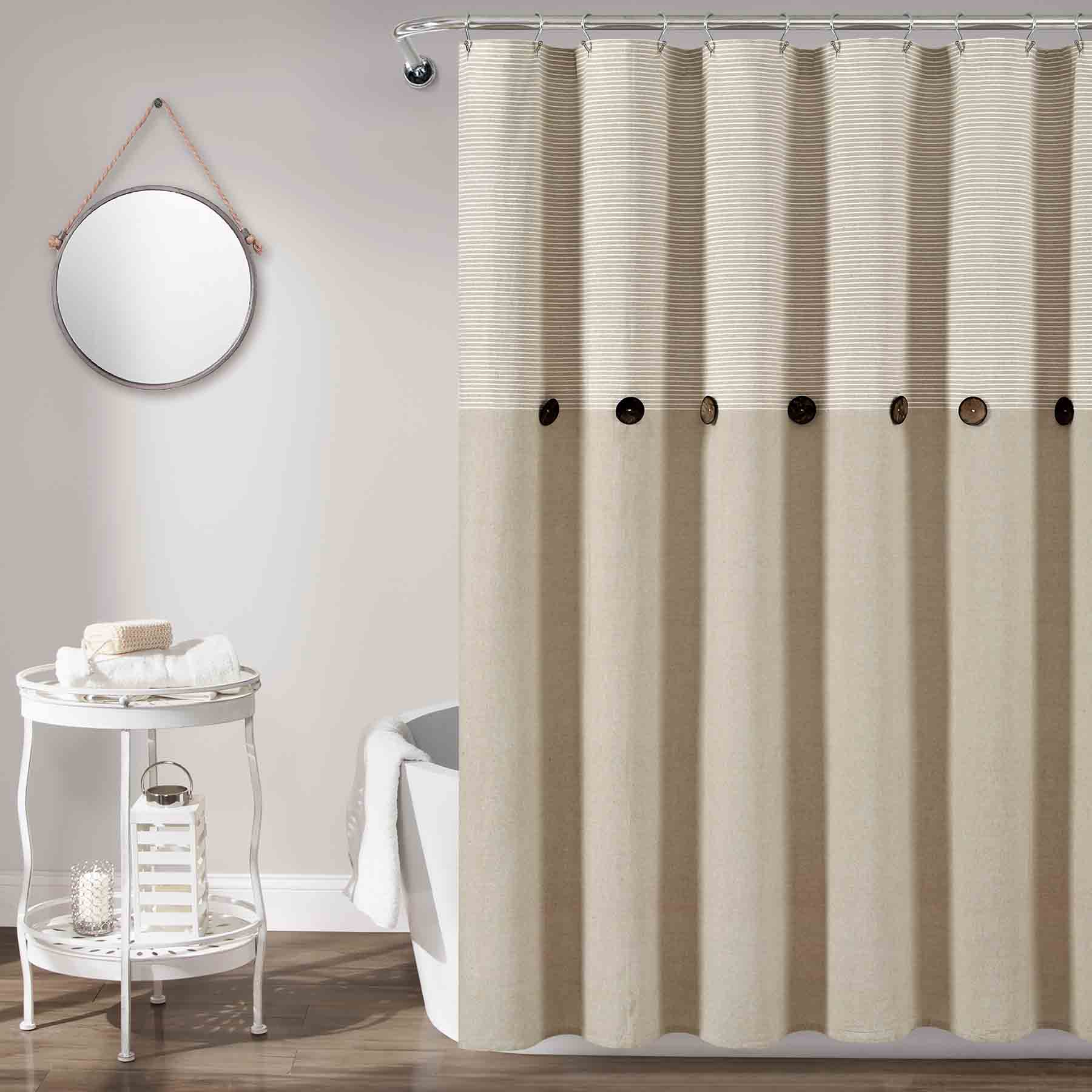 Tan Faux Linen Pleated Button Shower Curtain, 72"