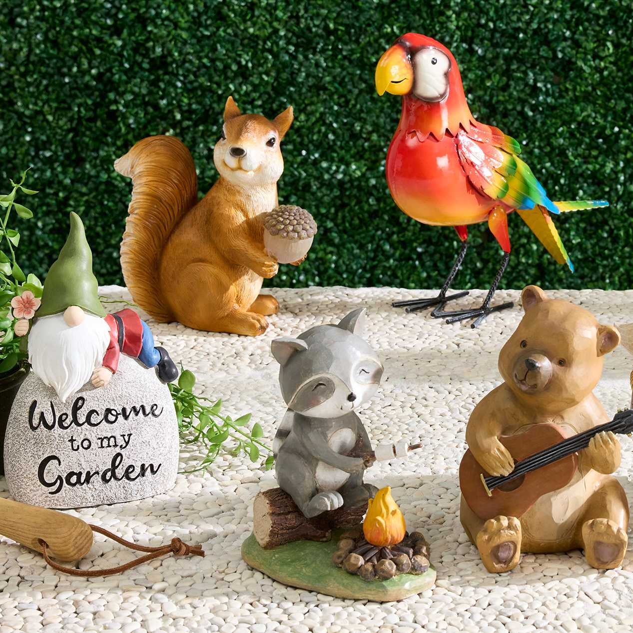 Campfire Raccoon with Fire Outdoor Garden Statue, 8"