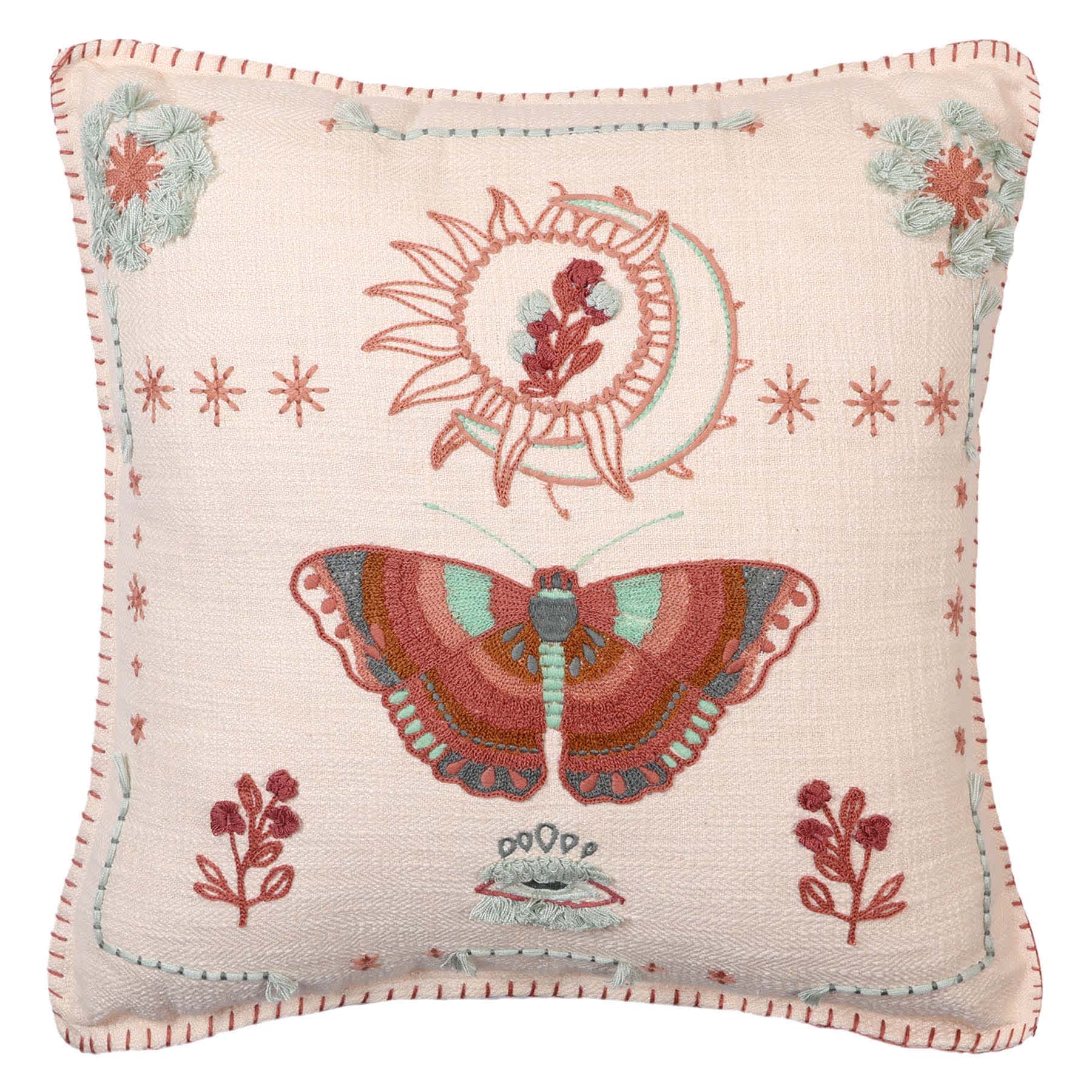 Embroidered Moth Throw Pillow, 18"