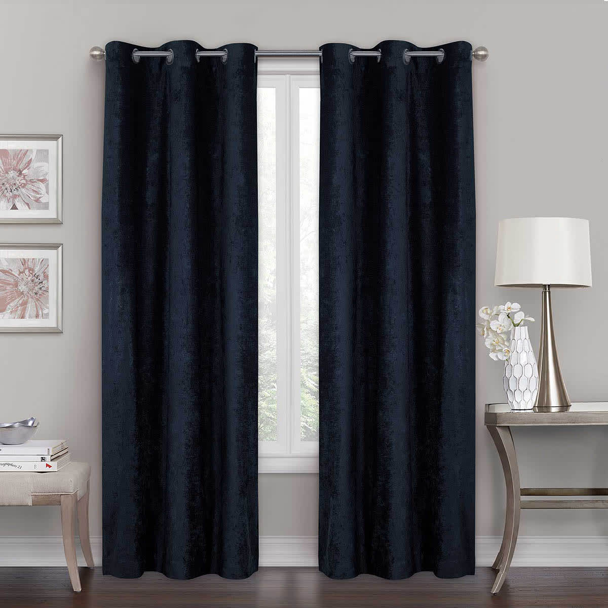 Black Chenille Blackout Grommet Curtain Panel, 84"