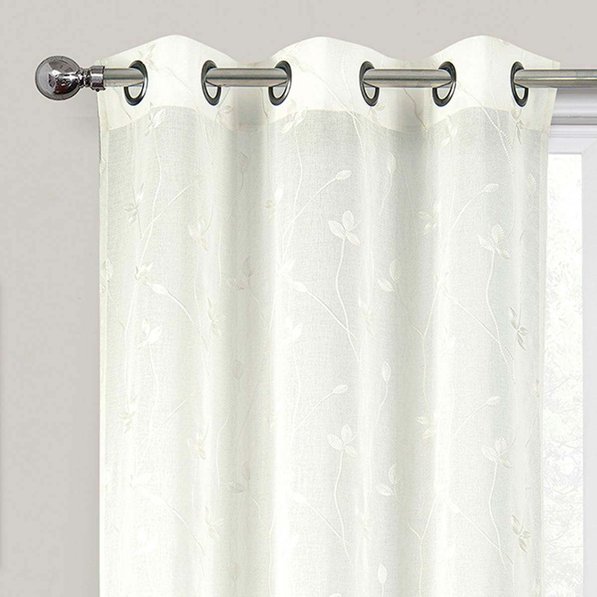 2-Pack Ivory Embroidered Leaf Sheer Grommet Curtain Panels, 84"