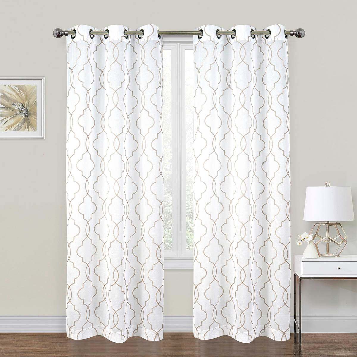 2-Pack White & Linen Metallic Embroidered Geo Grommet Curtain Panels, 84"