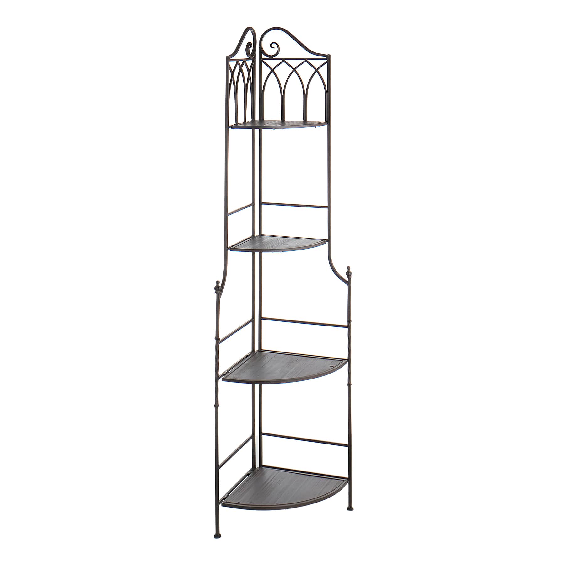 Metal Corner Rack with Brown Decorative Arch & Folding Wooden Shelves, 63"