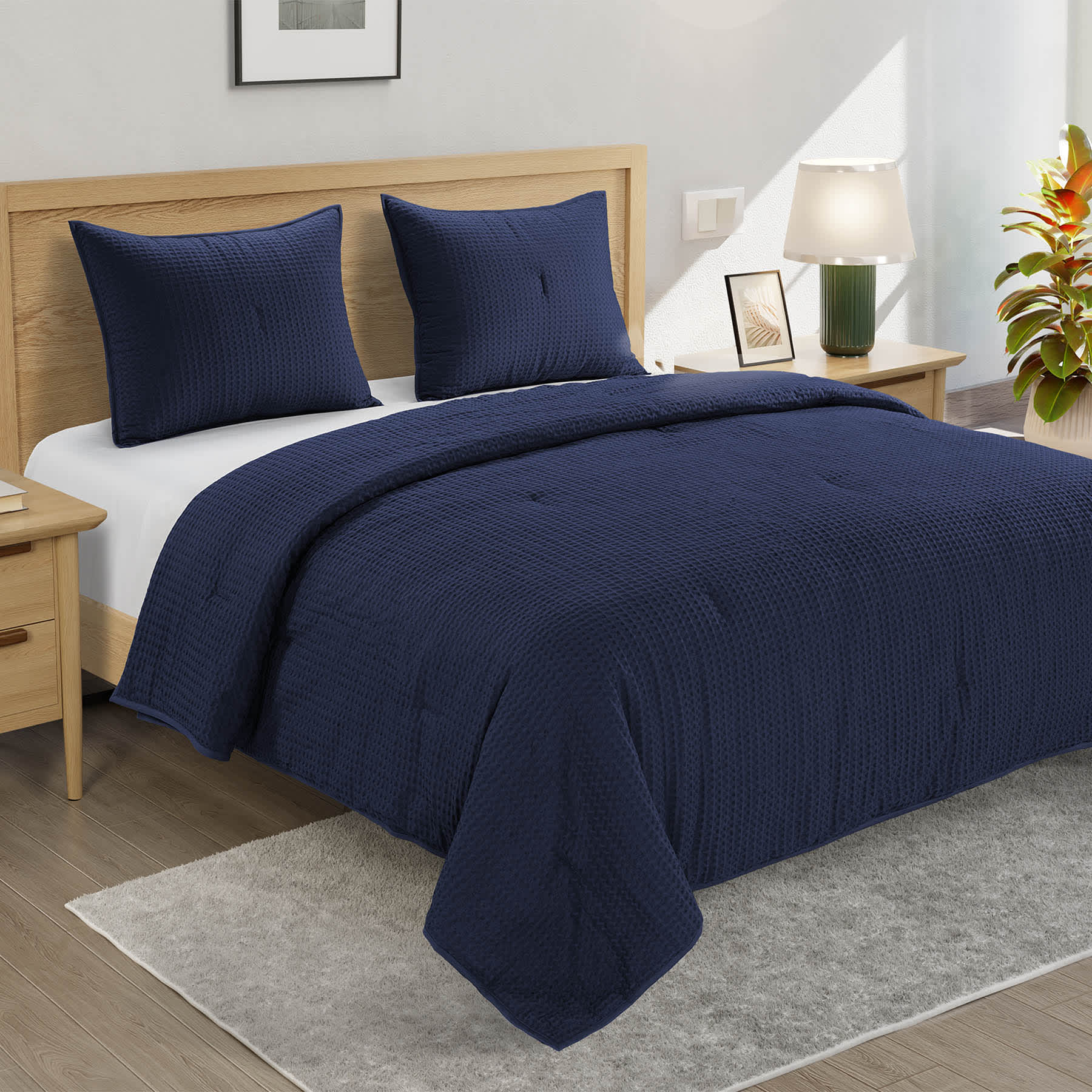 Crosby St. 3-Piece Navy Blue Washed Waffle Cotton Quilt Set, King