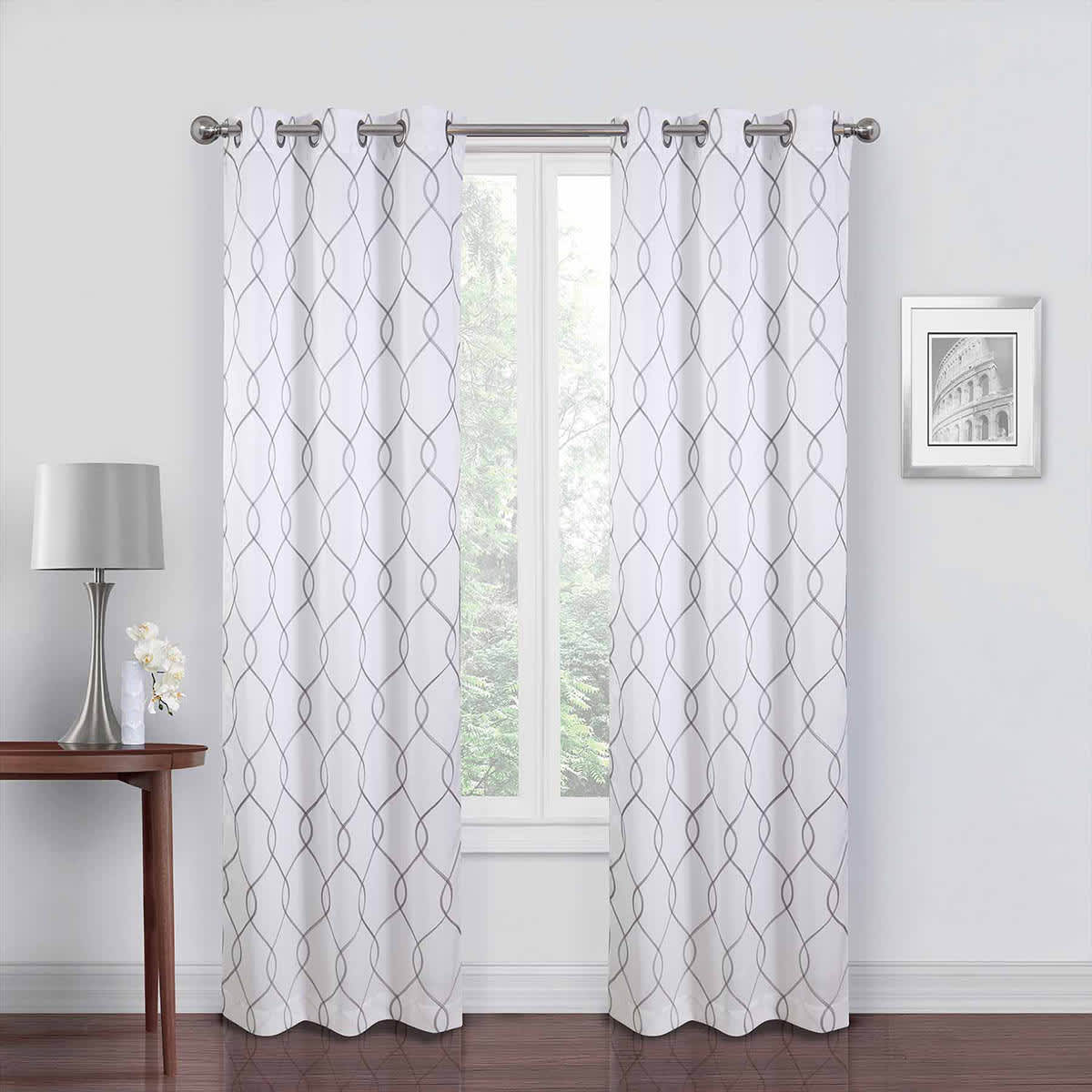 2-Pack White & Grey Embroidered Blackout Curtain Panels, 84"