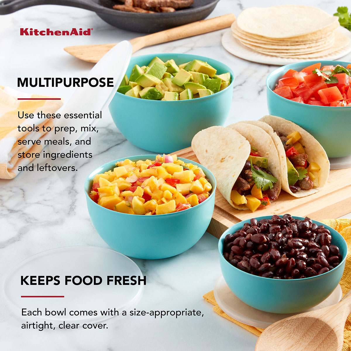 KitchenAid Set of 4 Prep Bowls, Aqua Sky
