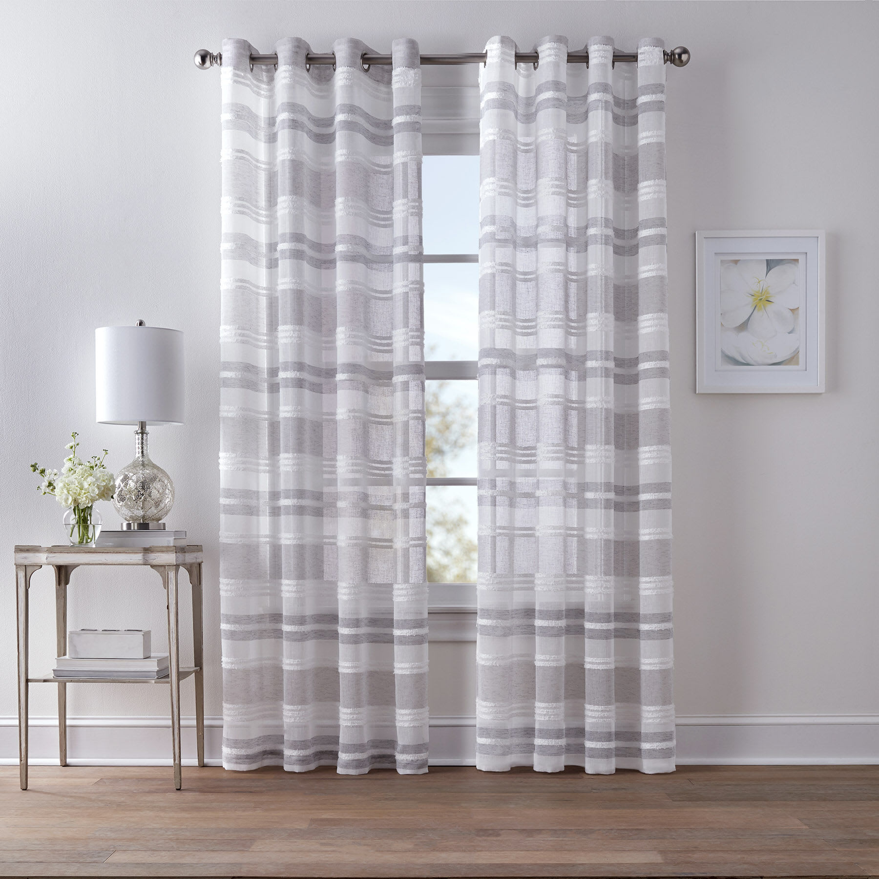 Dakota Light Grey Textured Striped Sheer Grommet Curtain Panel, 63"