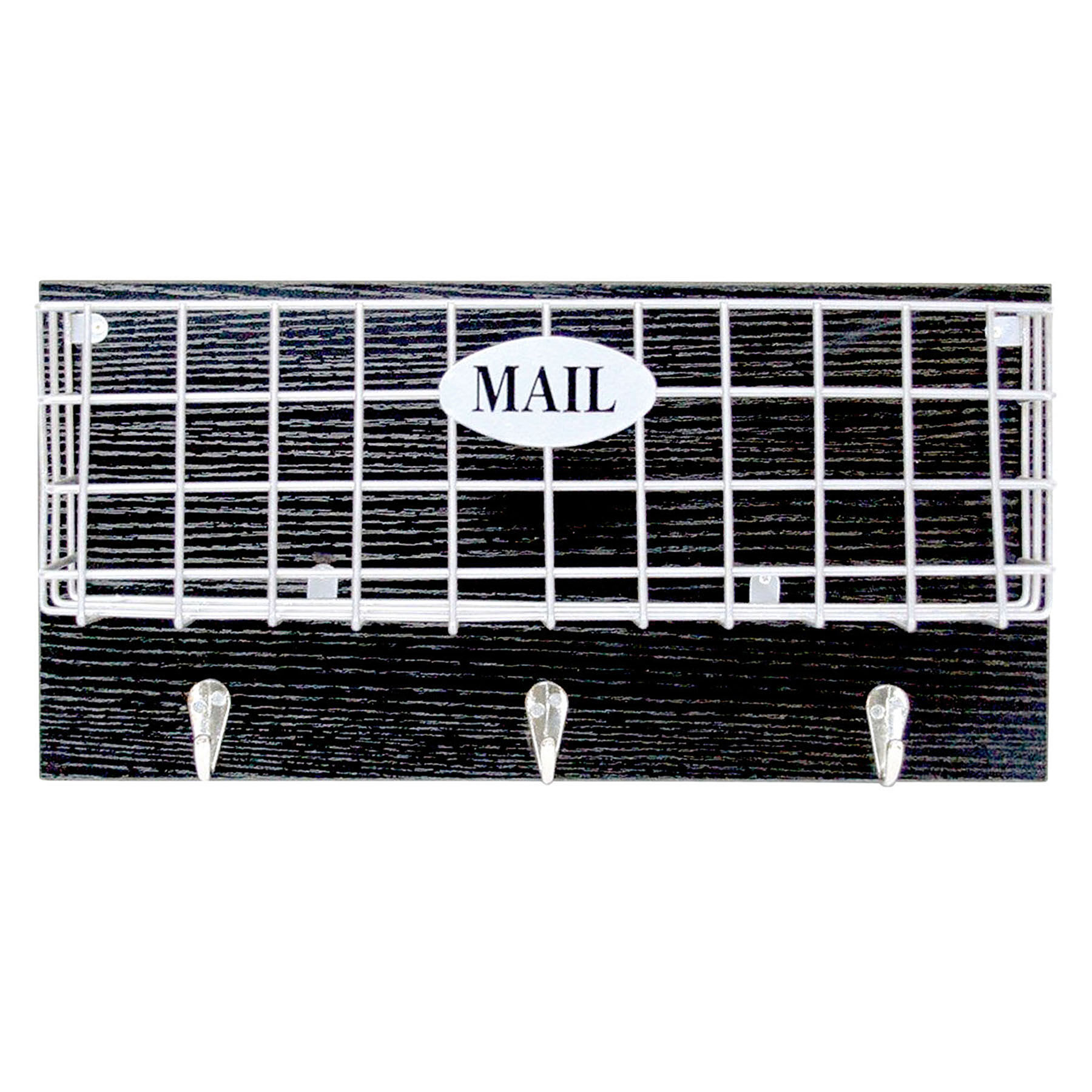 3-Hook Metal & Wood Wire Mail Basket, 14x7