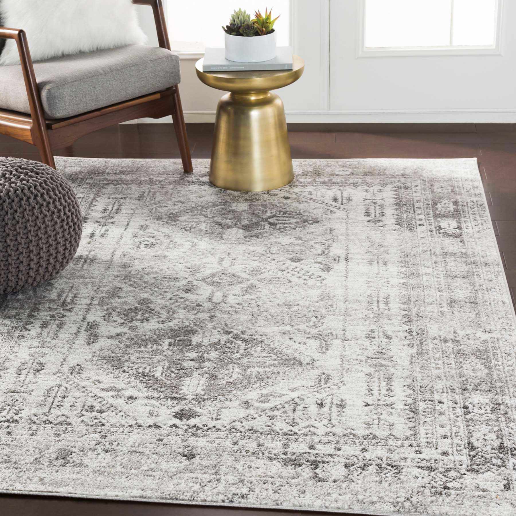 (D507) Monte Carlo Grey Medallion Border Area Rug, 5x7
