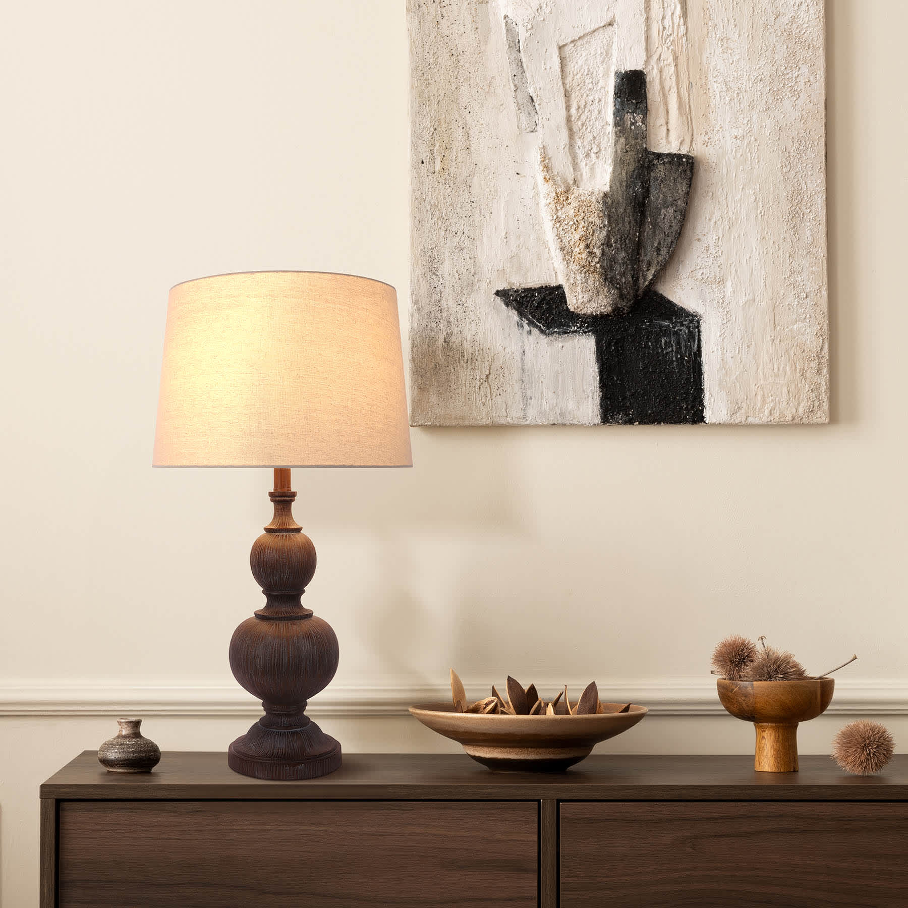 Wood Finish Spindle Large Table Lamp with Shade, 28"