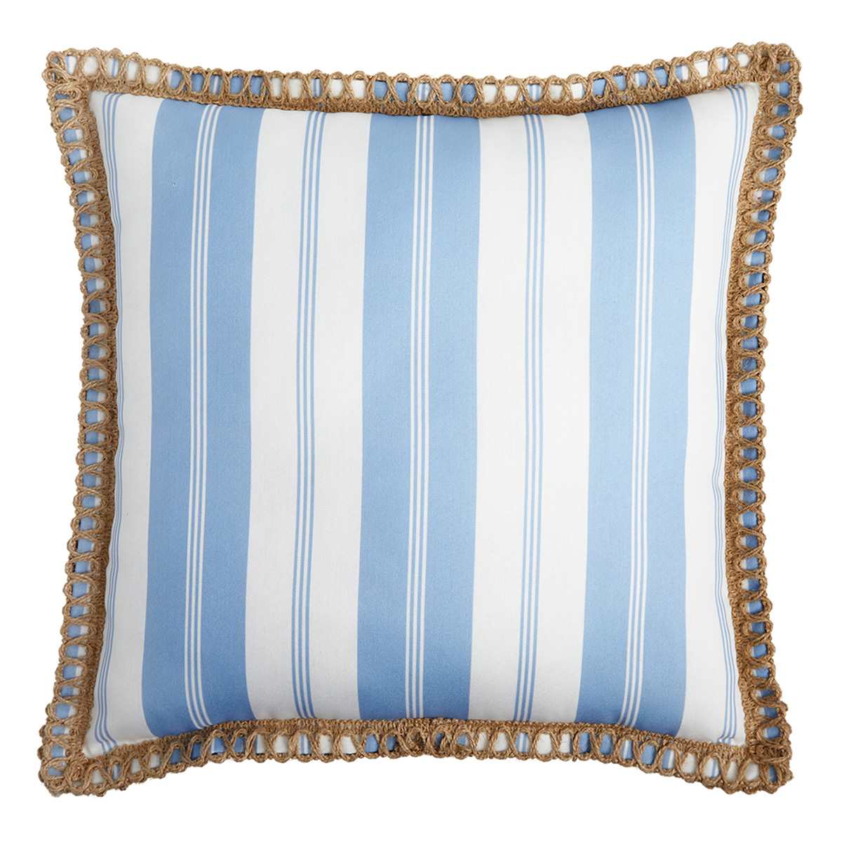 Providence Blue Stripe with Jute Trim Outdoor Throw Pillow, 18"