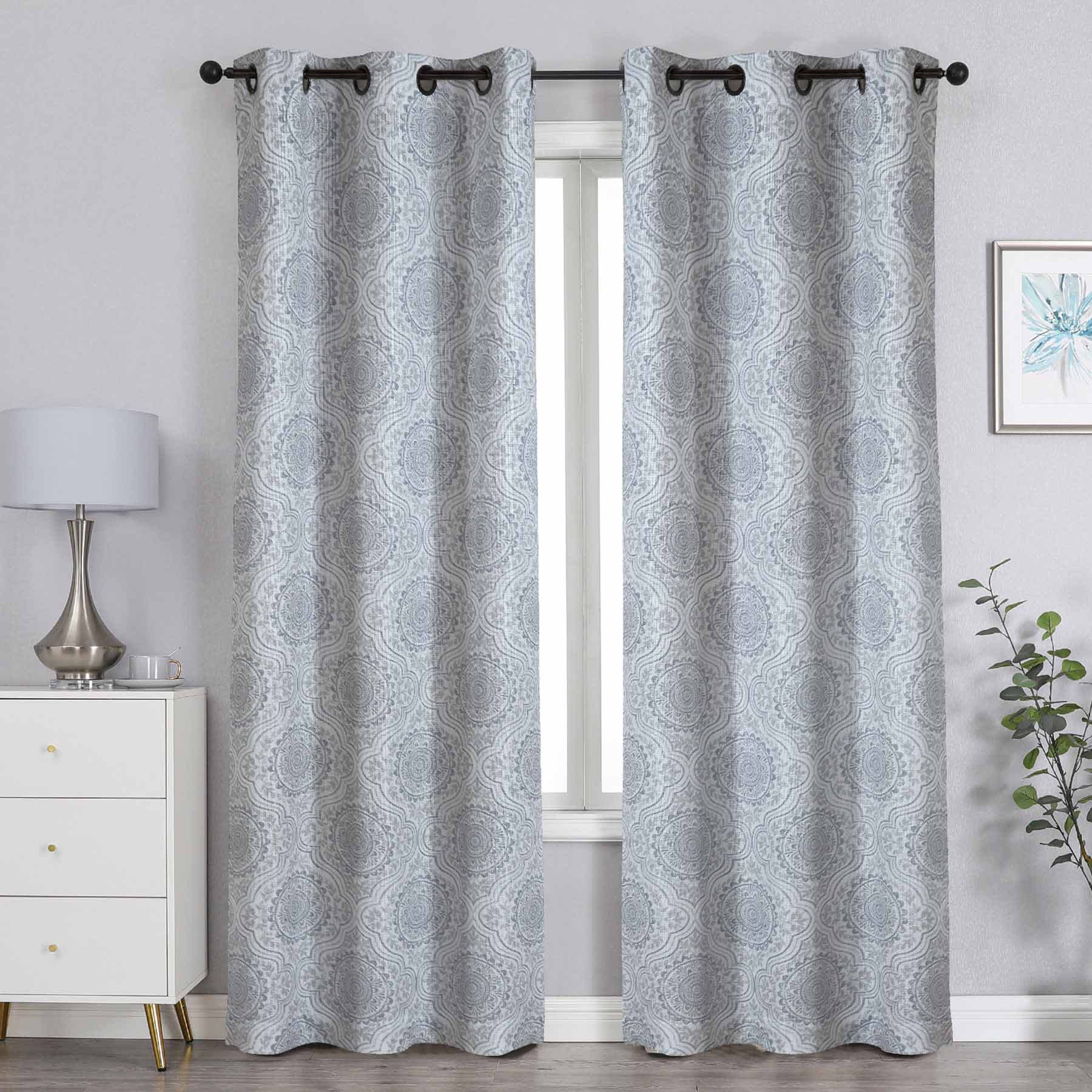Grey Medallion Light Filtering Grommet Curtain Panel, 84"