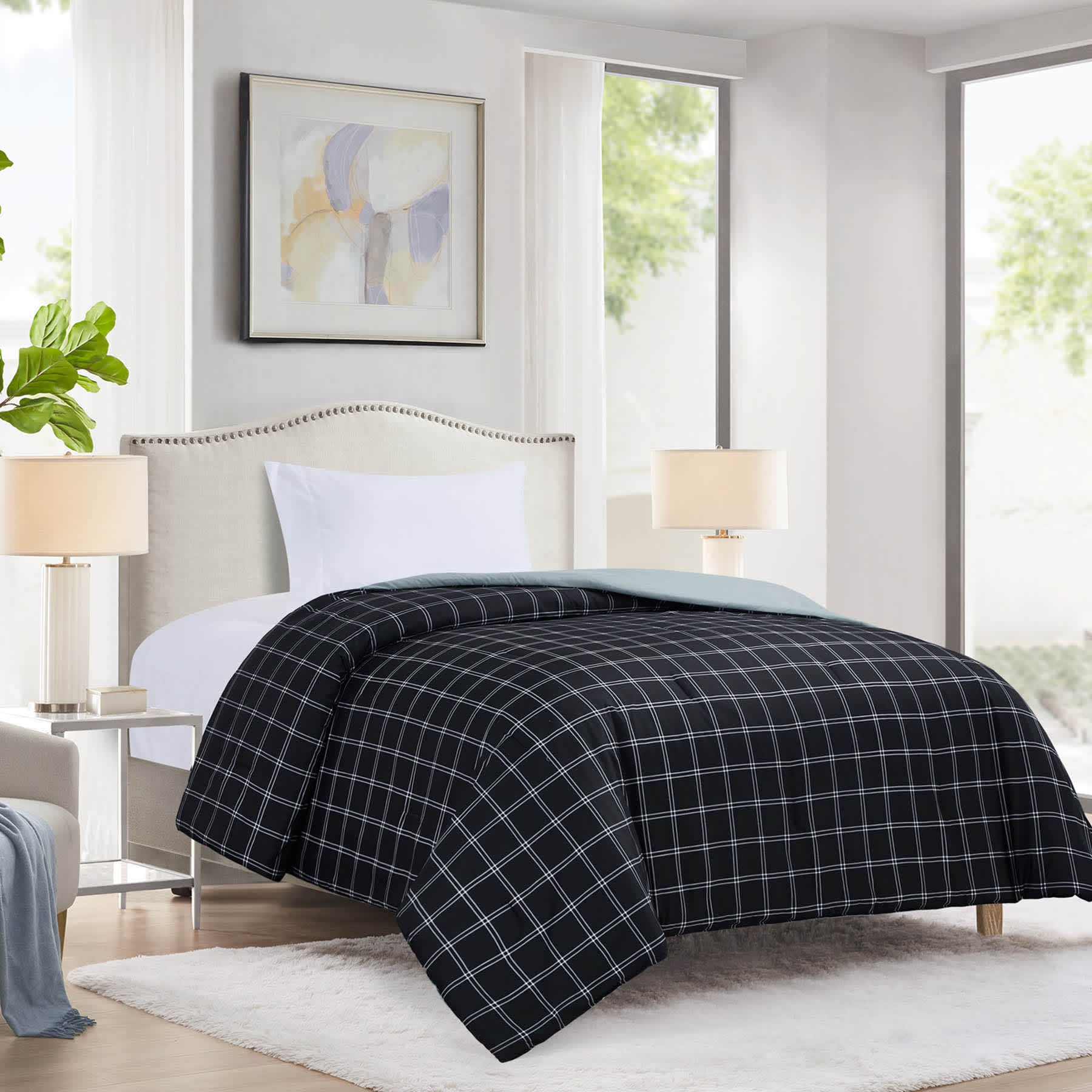 Black Windowpane Printed Microfiber Comforter, Twin/Twin XL