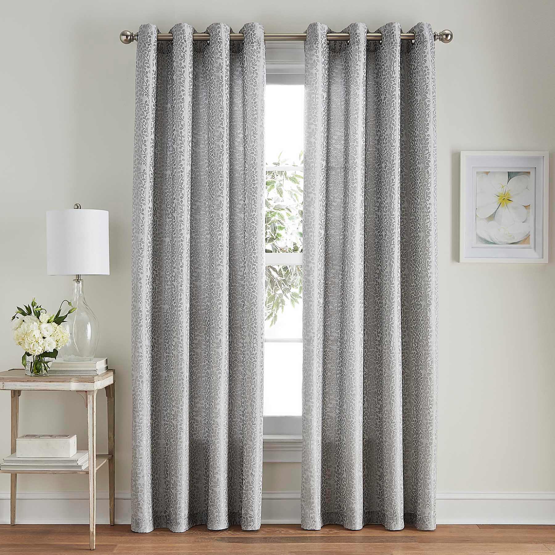 Gazebo Grey Botanical Jacquard Light Filtering Grommet Curtain Panel, 84"