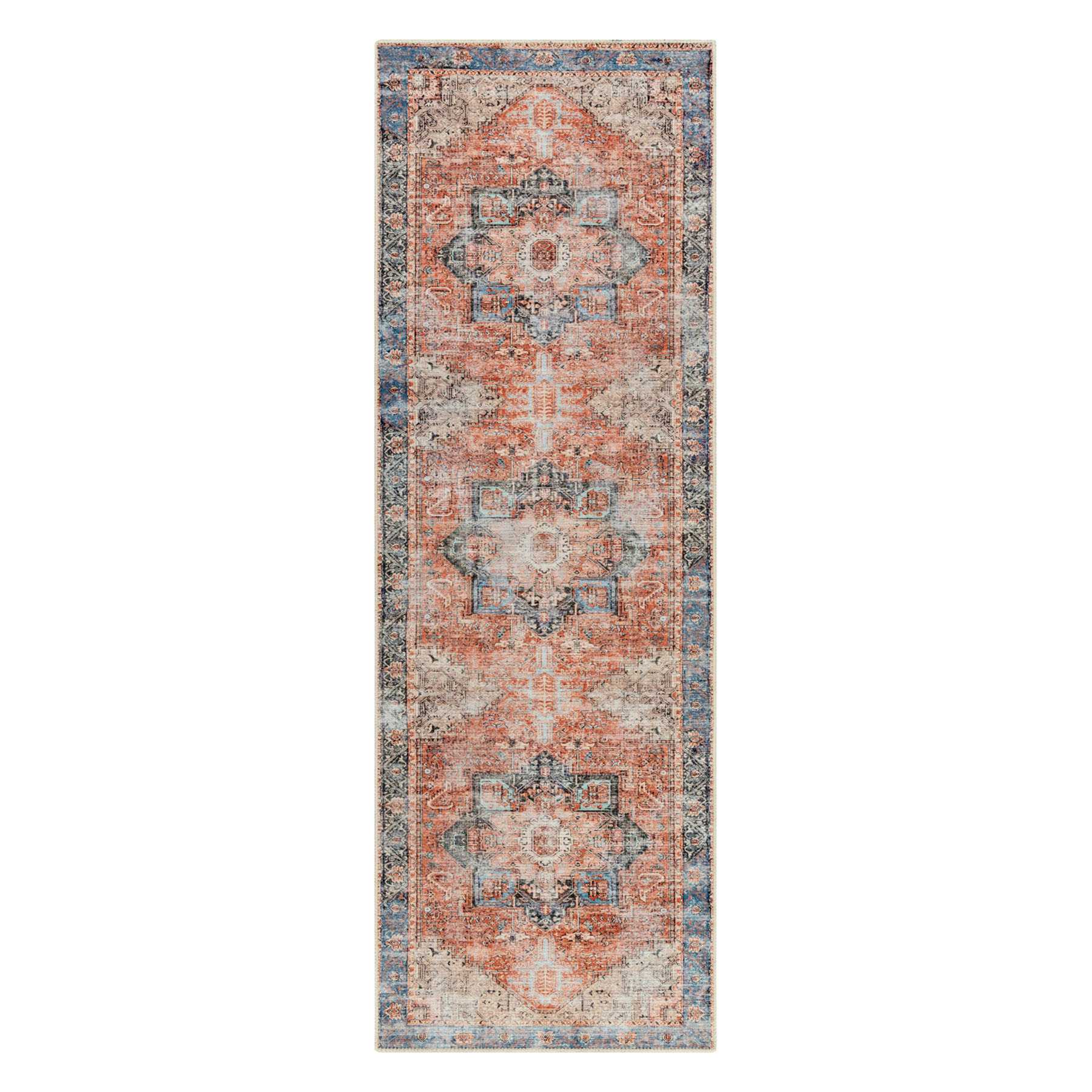 Amelie Blue & Rust Washable Runner, 2x8