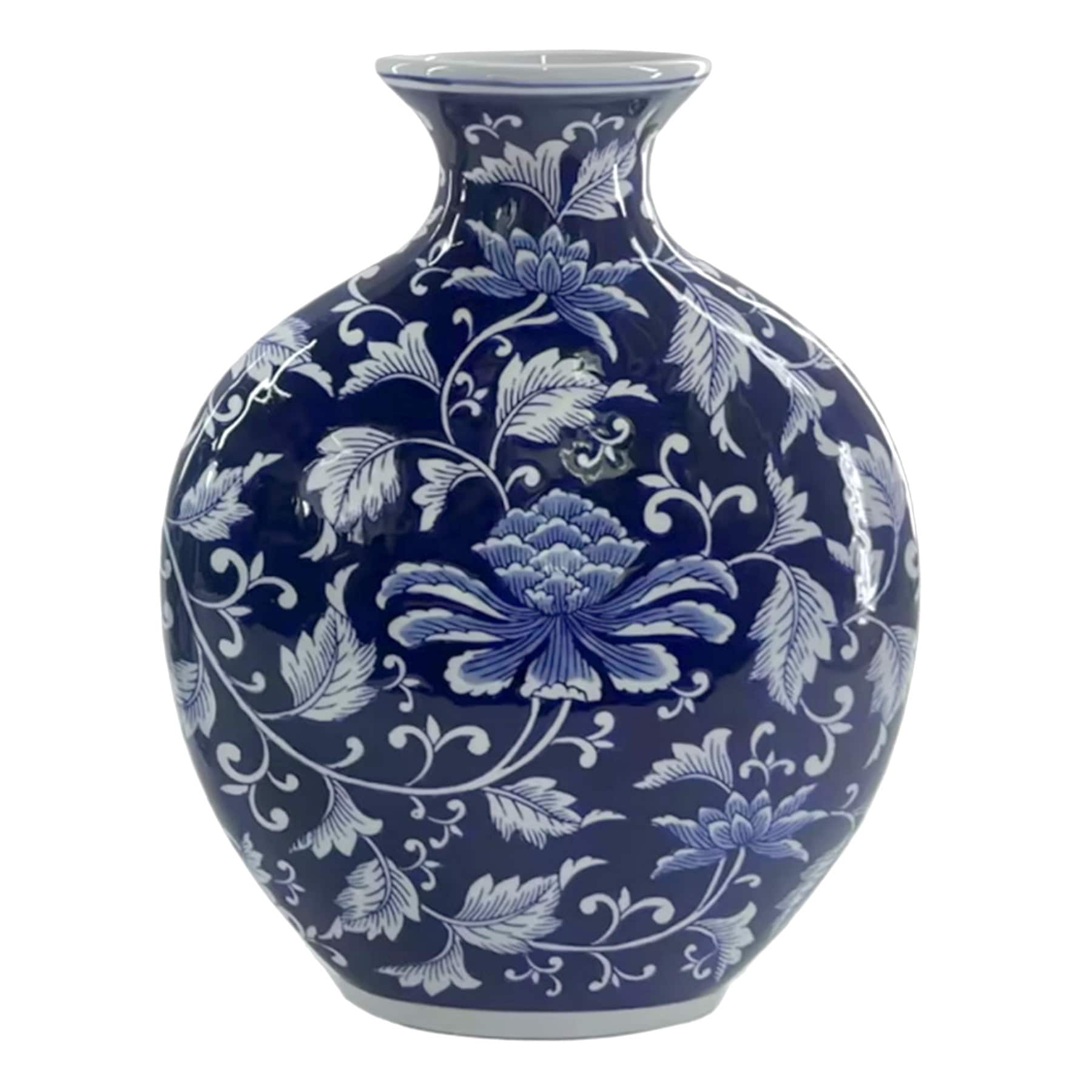 Blue Chinoiserie Flower Flat Ceramic Vase, 14.25"