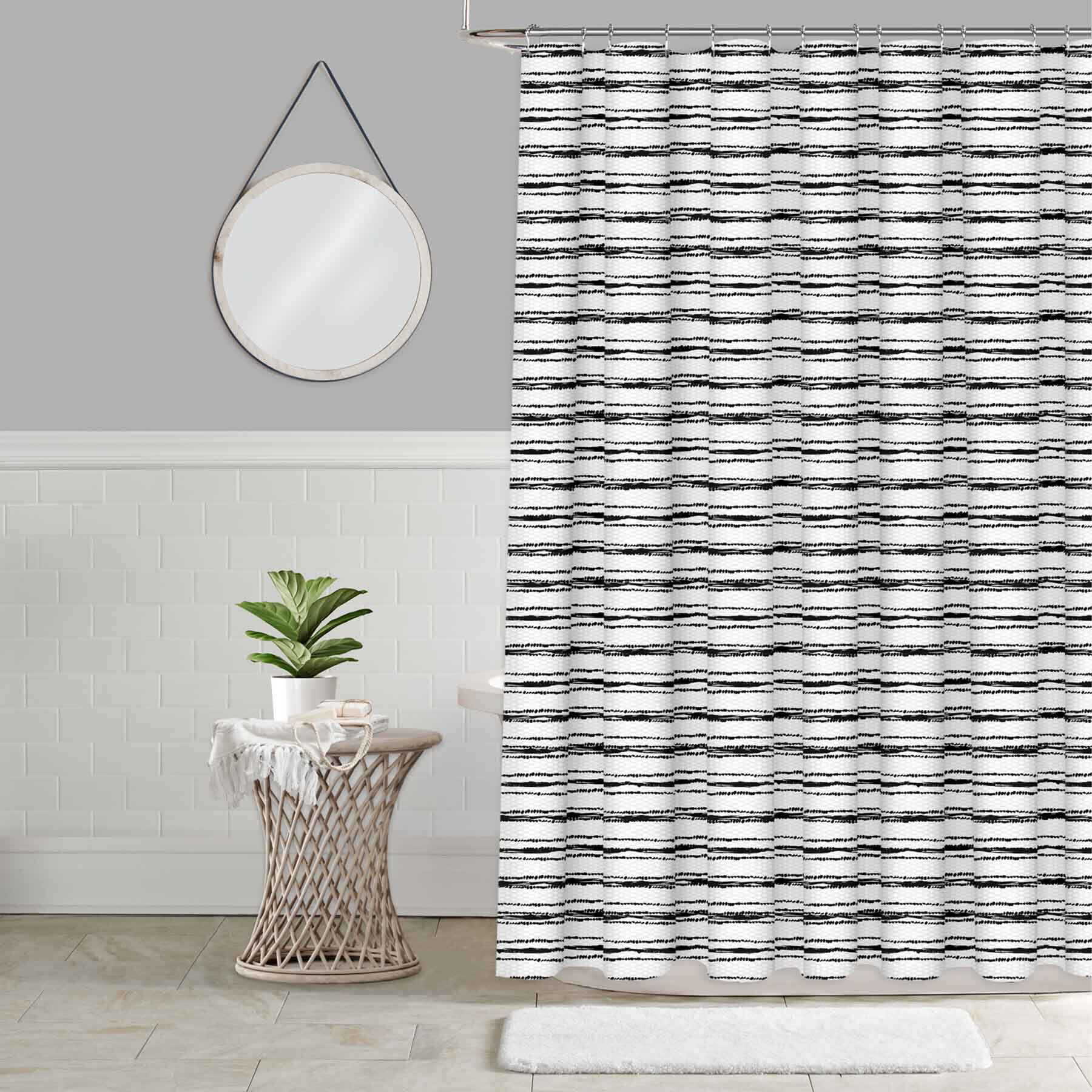 Black & Grey Parallel Striped Embossed Print Shower Curtain, 72"