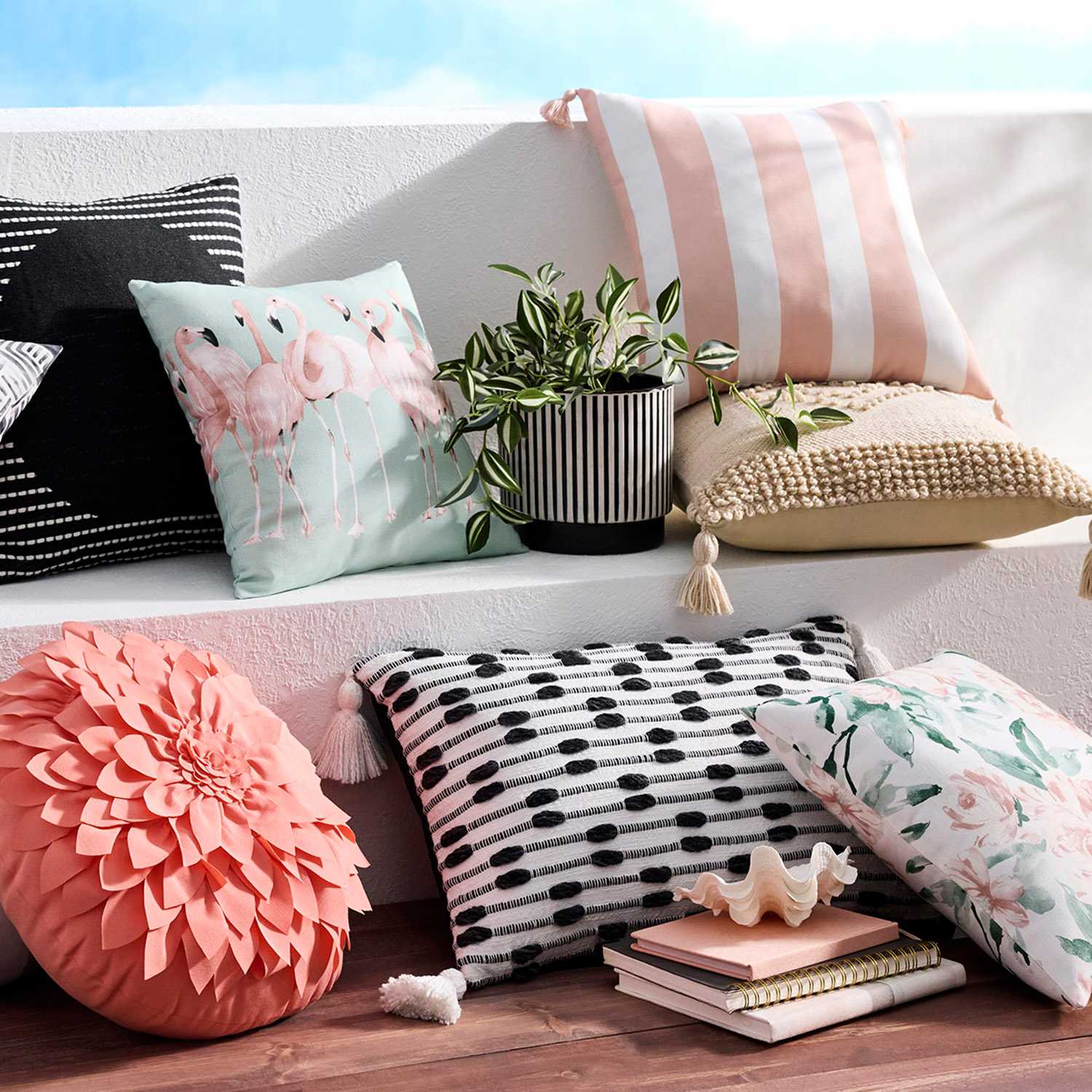 Found & Fable Black & White Textured with Tassels Lumbar Outdoor Throw Pillow, 14x20