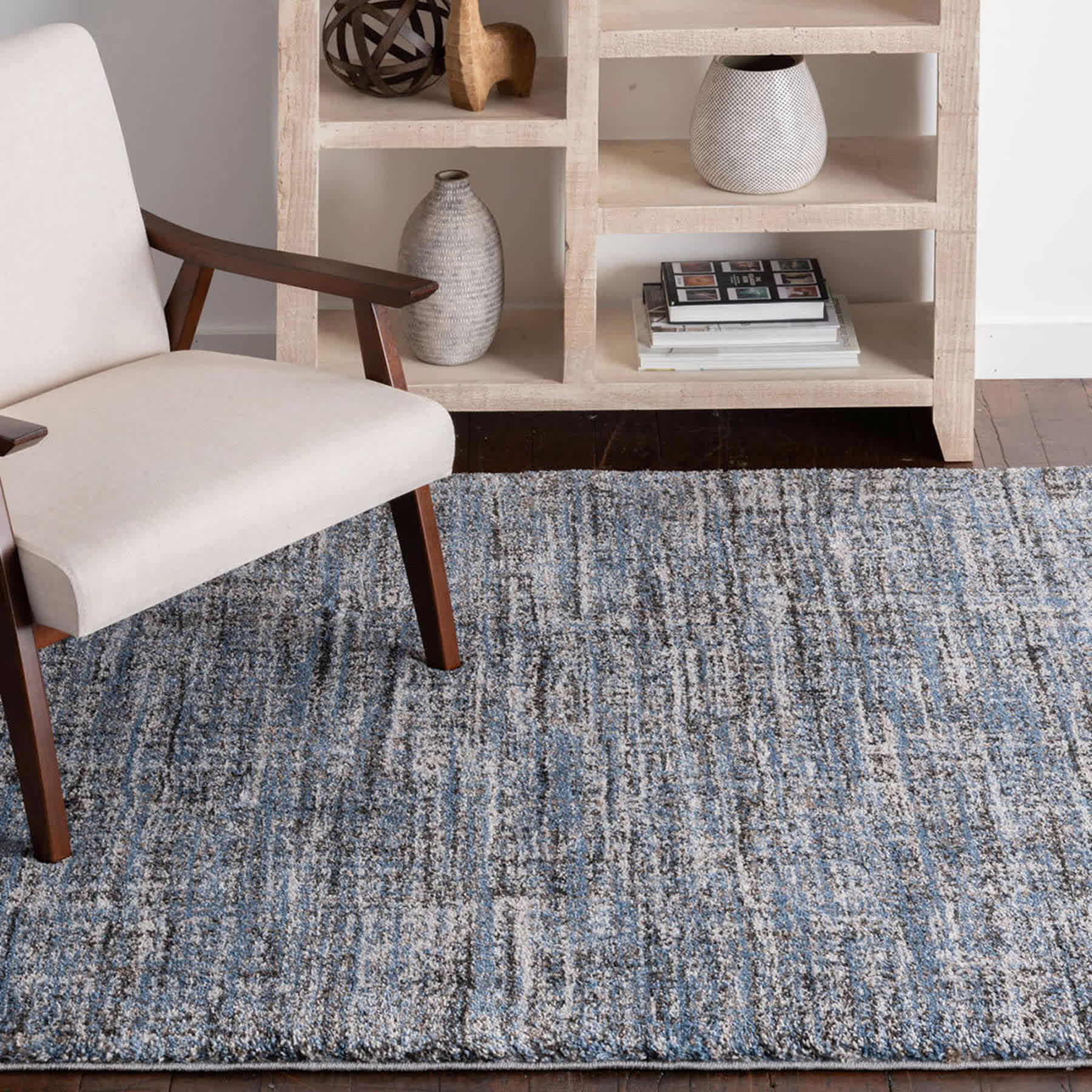 (A410) Strato Hatchure Blue Woven Shag Runner, 2x6
