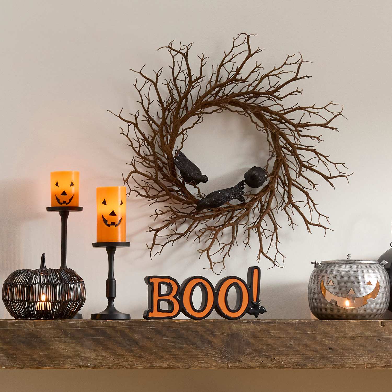 Happy Haunting Wooden Boo! Table Sign with Metal Spider, 12.8X5.5