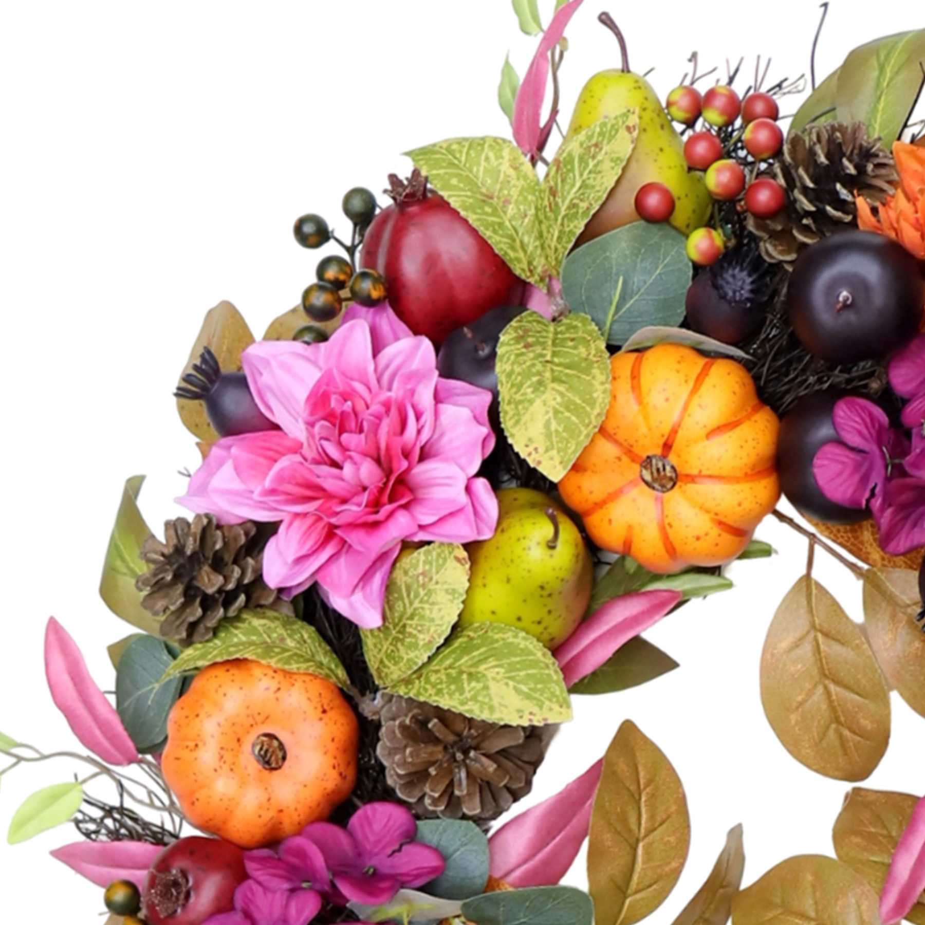 Dahlia, Mum & Pumpkin Spiral Vine Wreath, 24"
