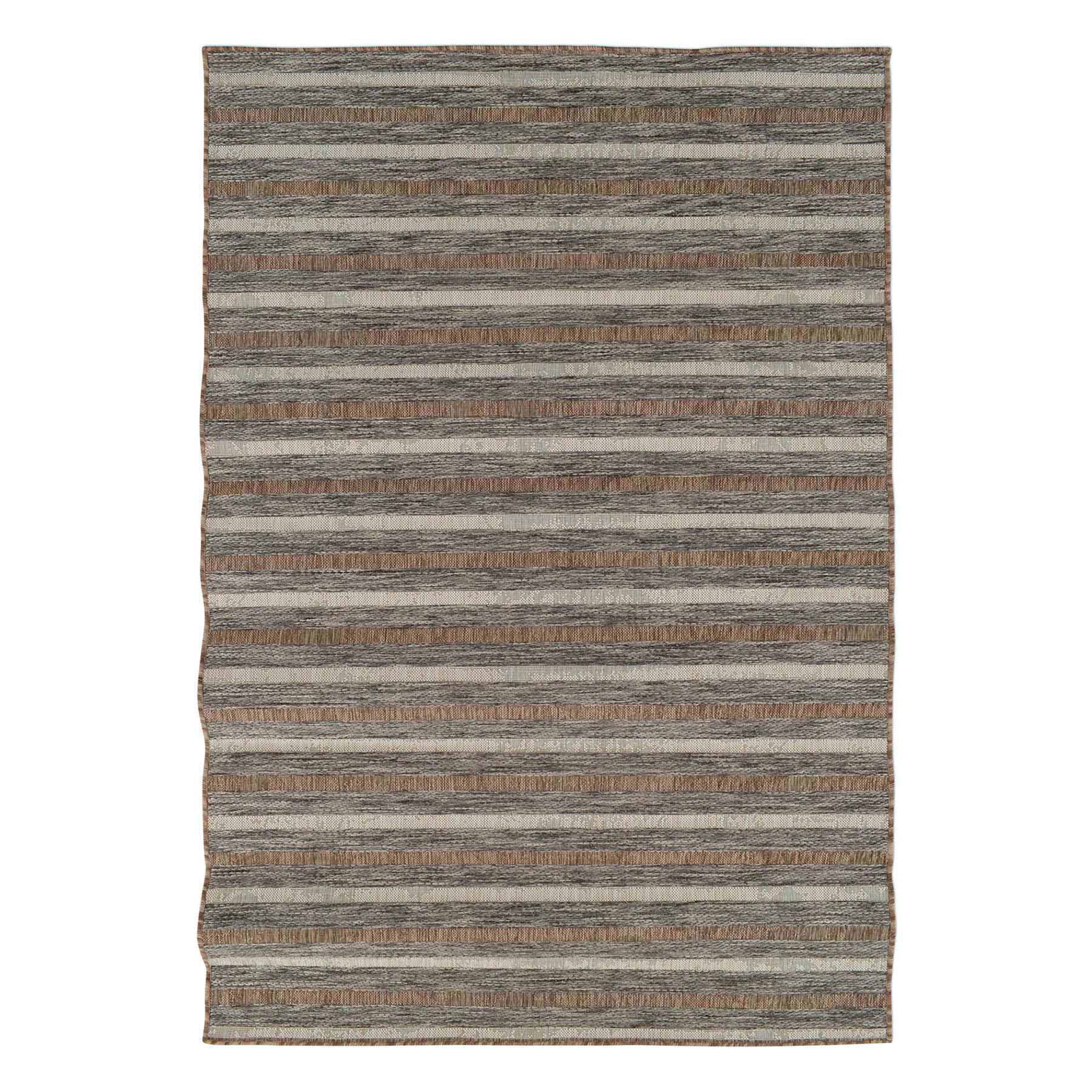 (E221) Ivory, Brown & Grey Striped Modern Indoor & Outdoor Area Rug, 5x7
