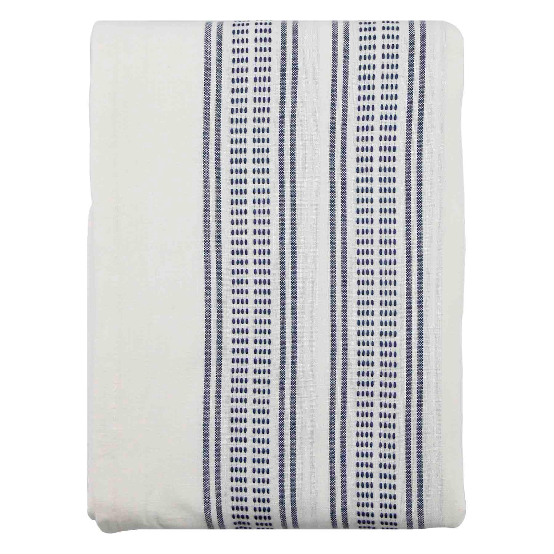 White Dobby Tablecloth with Blue Tribal Stripes, 60x84