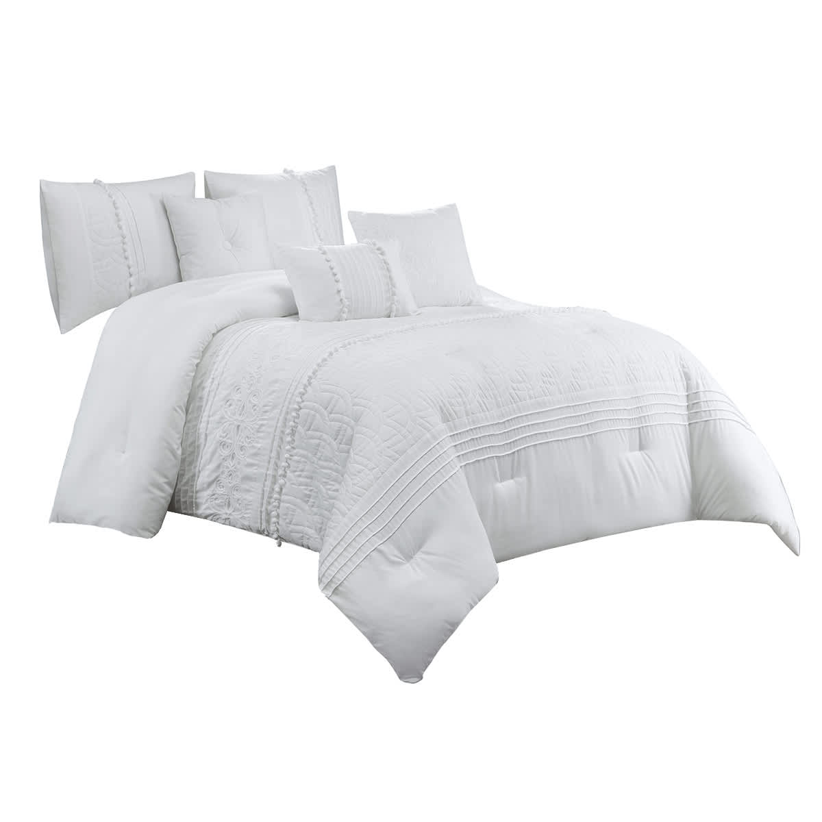 7-Piece White Embroidered Premium Comforter Set, Queen