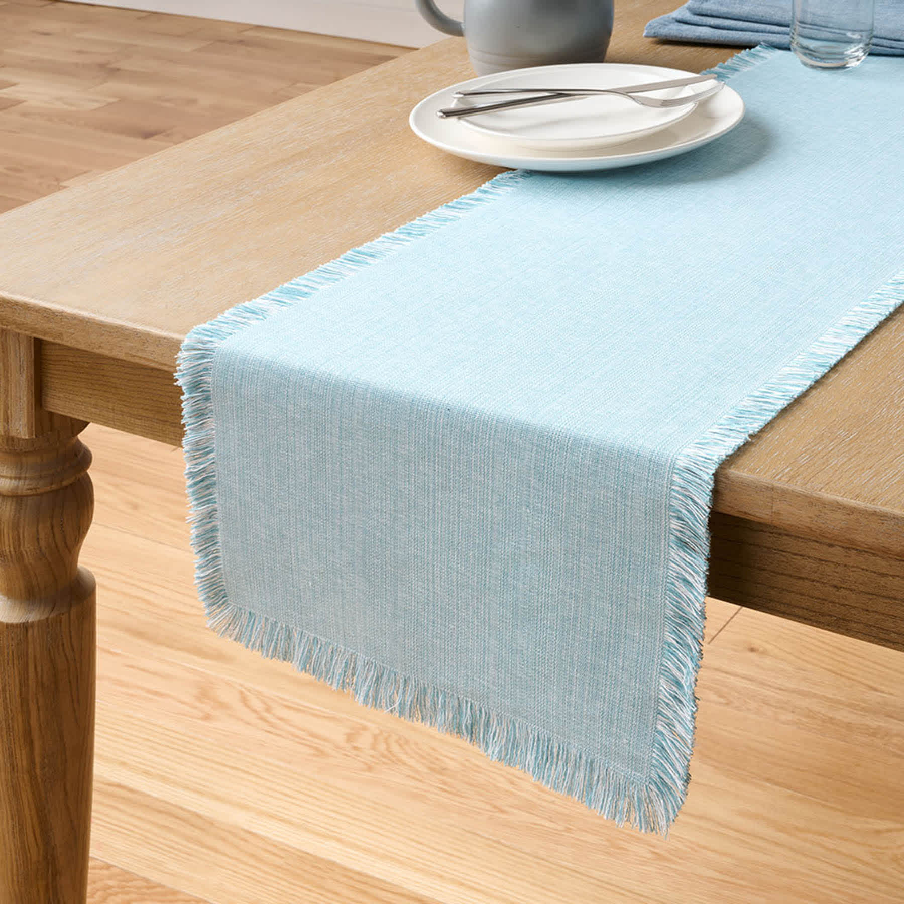 Turquoise Zara Table Runner with Fringe, 72x14