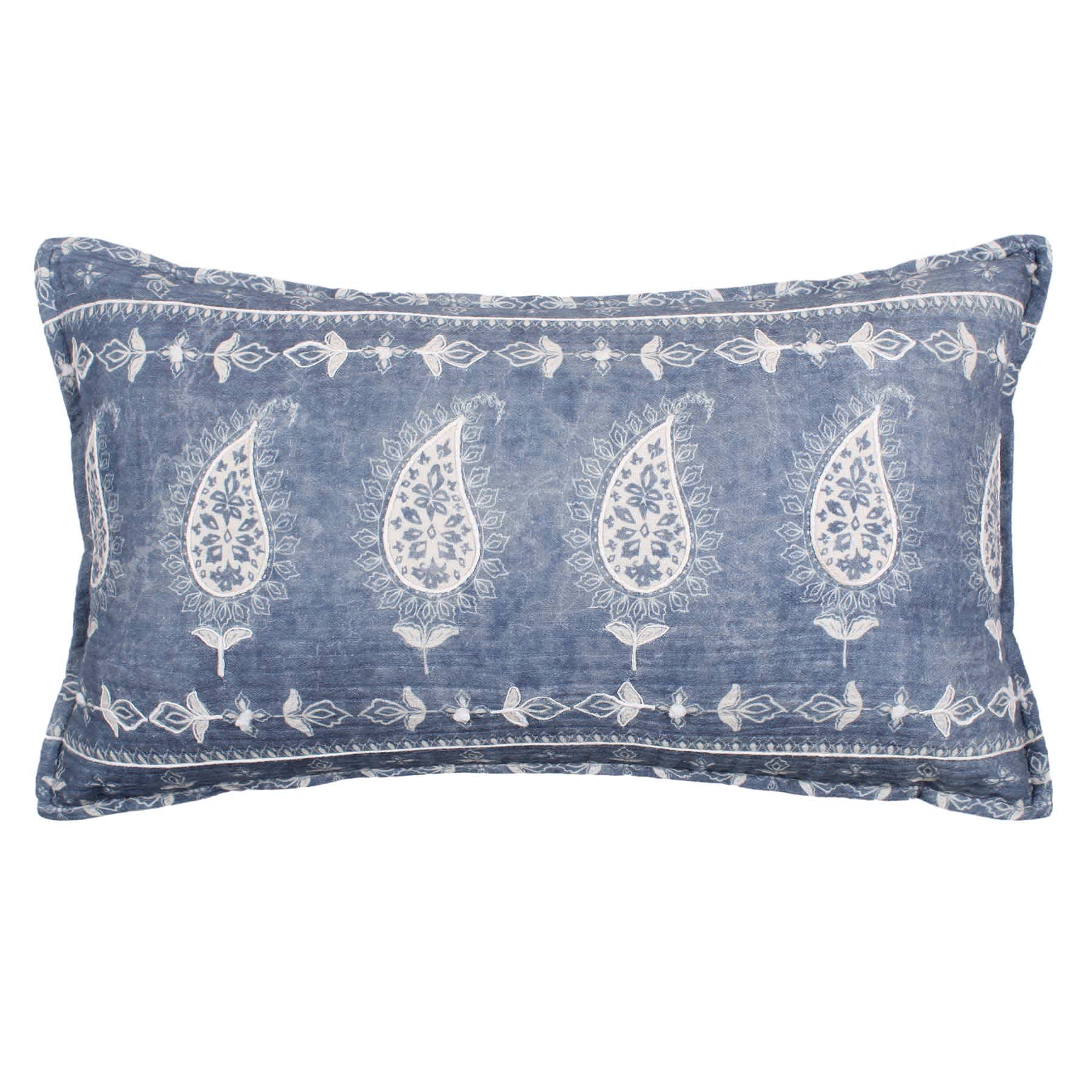 Honeybloom Blue Matelasse Block Print Throw Pillow, 14x20
