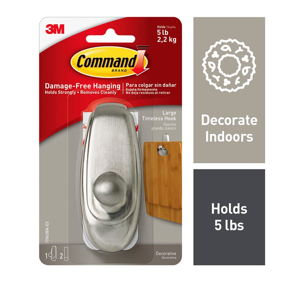 Command? Timeless Hook, Large Brushed Nickel, 1-Hook 2-Strips/Pack