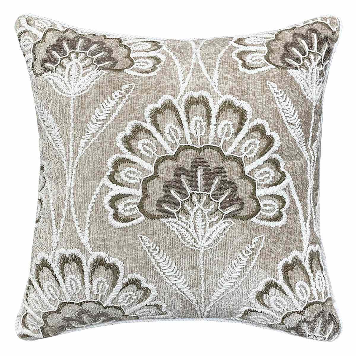 Natural Floral Chenille Embroidered Throw Pillow, 18"