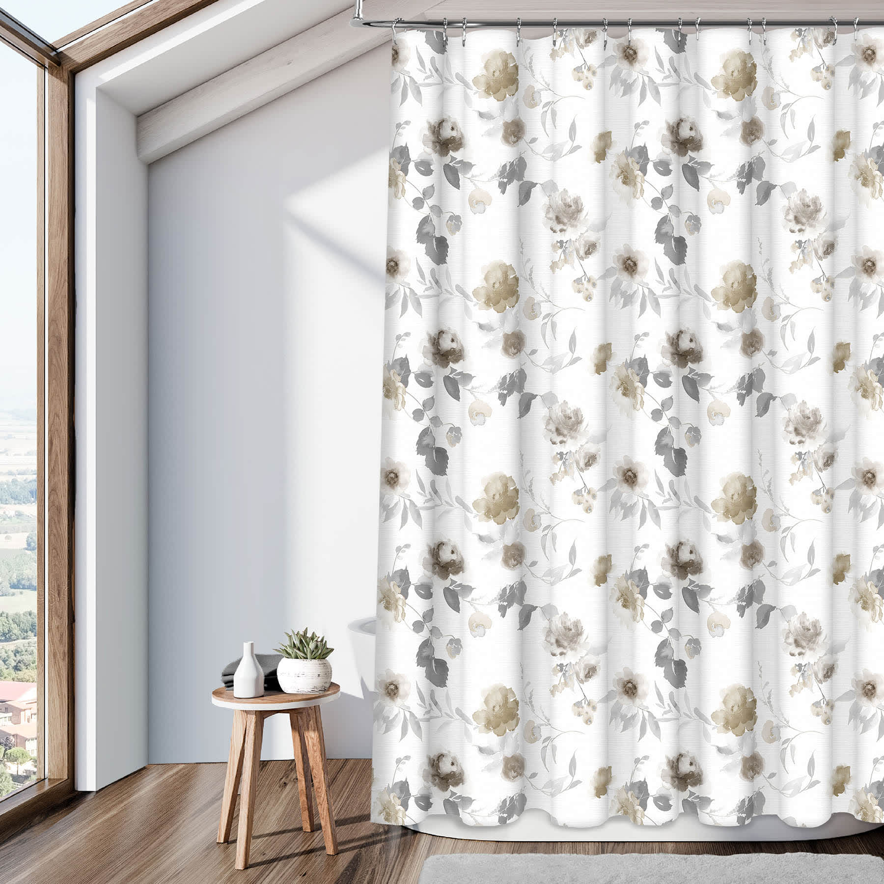 13-Piece Grey Blooming Print Shower Curtain Set, 72"