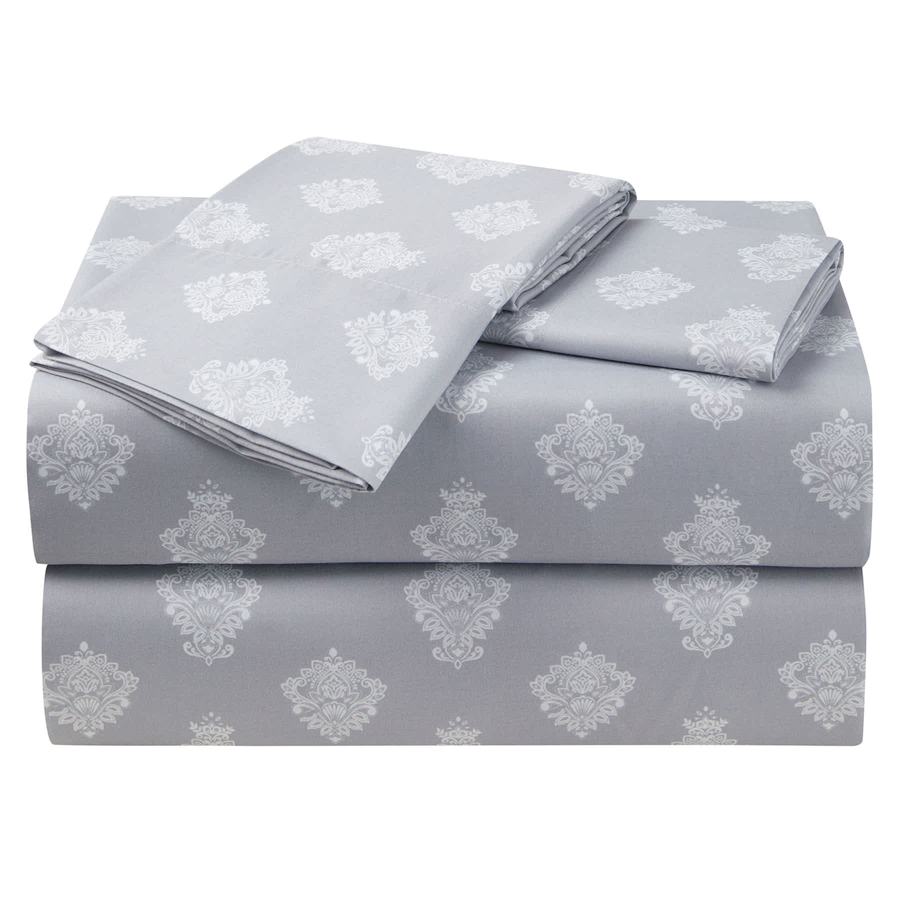 3-Piece Grey Damask Print Microfiber Essential Sheet Set, Twin