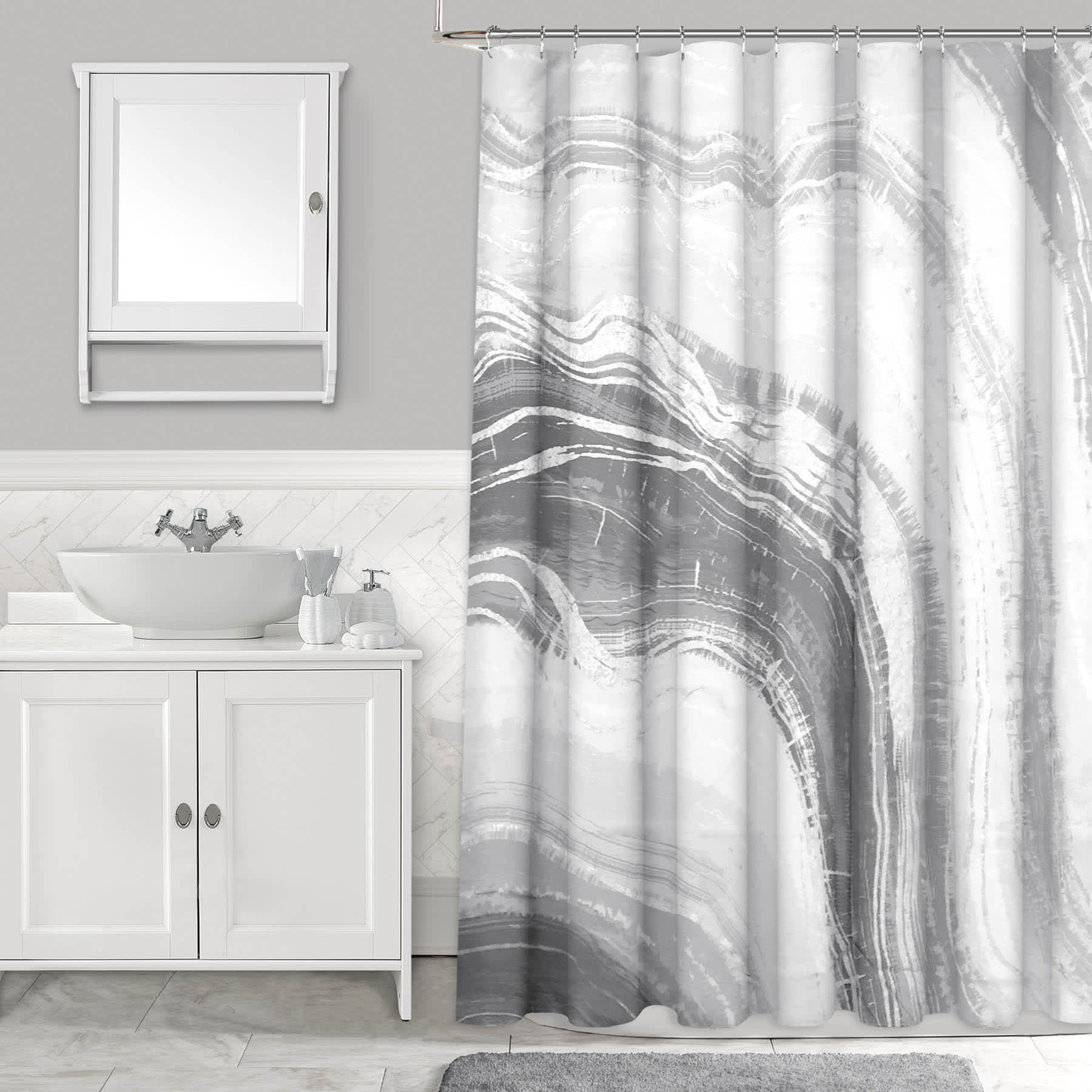 Gray Marbled Print Metallic Shower Curtain, 72"