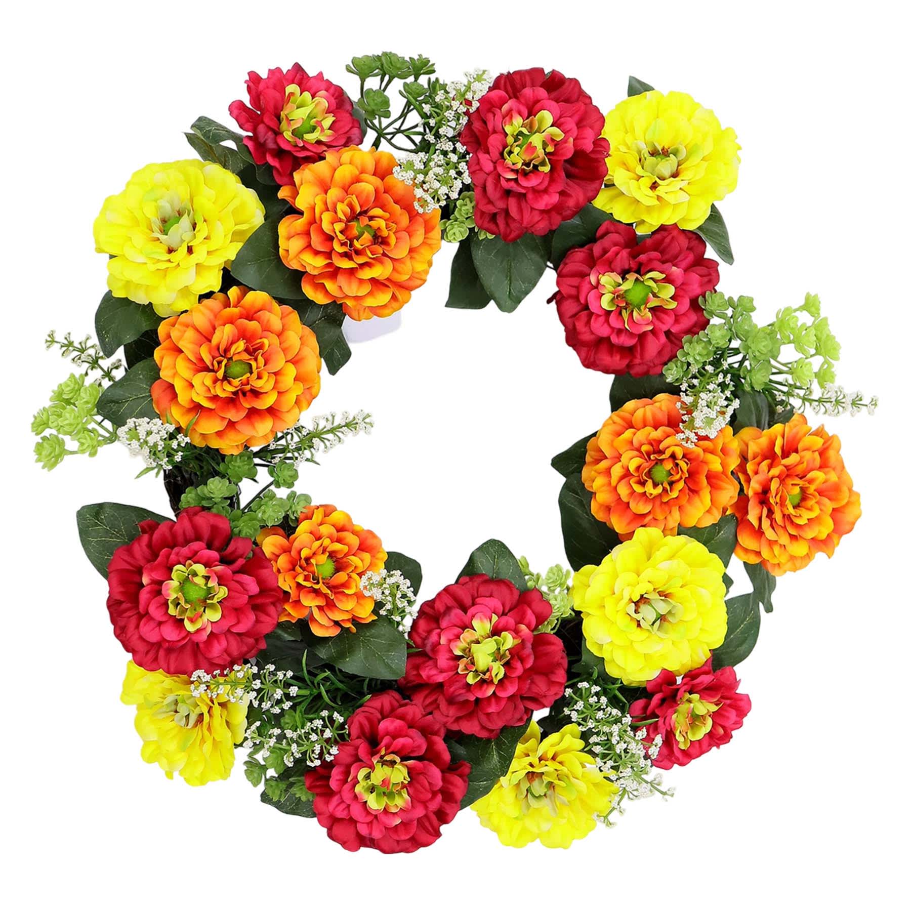 Red, Yellow, & Orange Zinnia Wreath, 22"