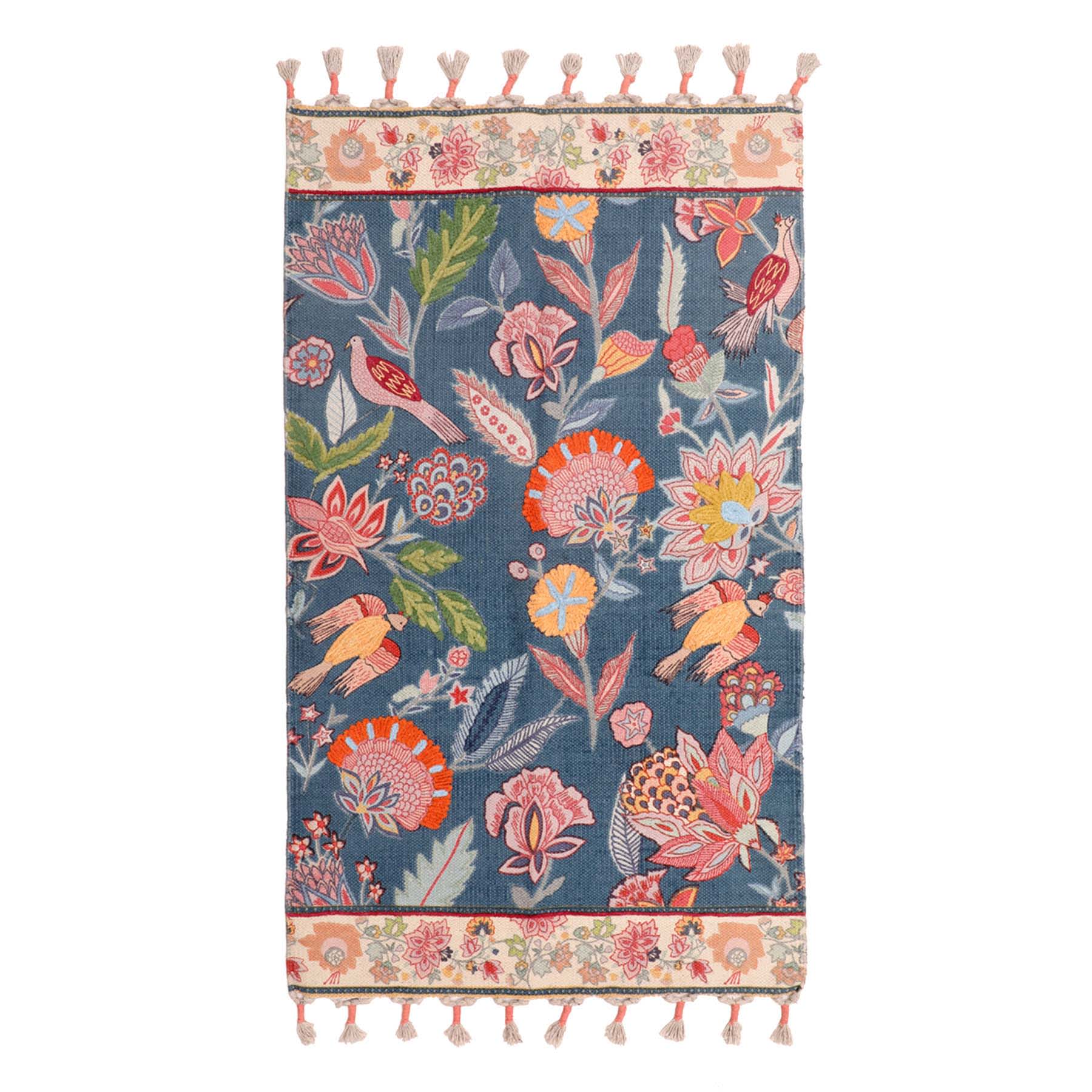 Floral & Bird Embroidered Blue Accent Rug, 27x45