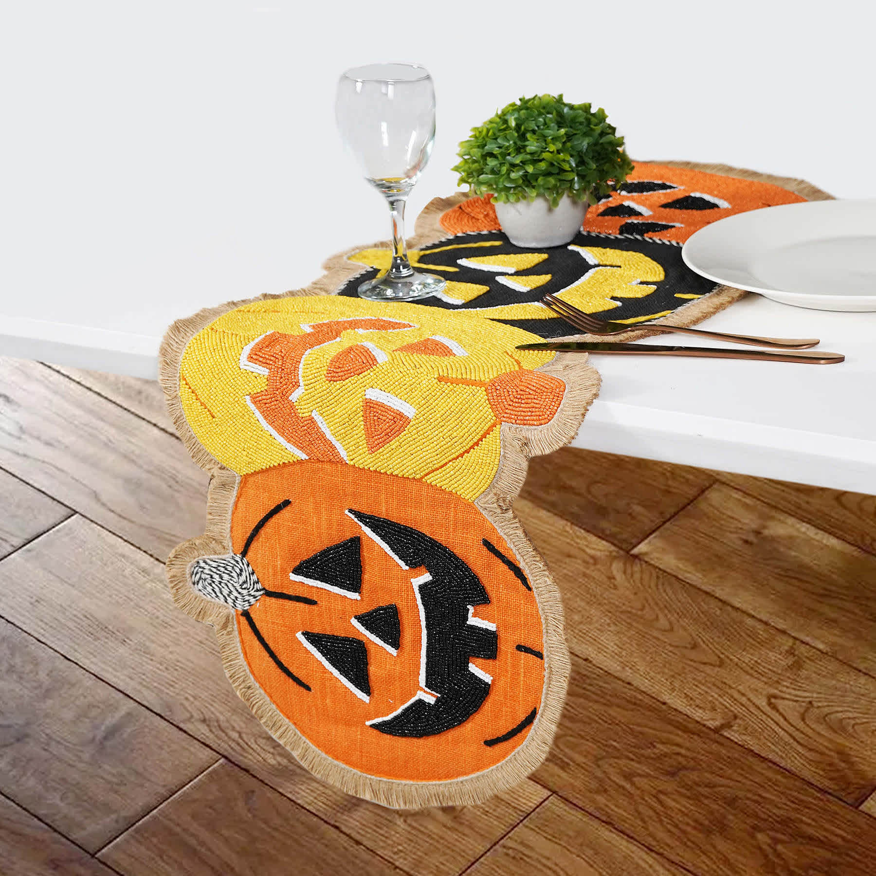 Happy Haunting Beaded & Jute Jack-o'-Lantern Table Runner, 13x36