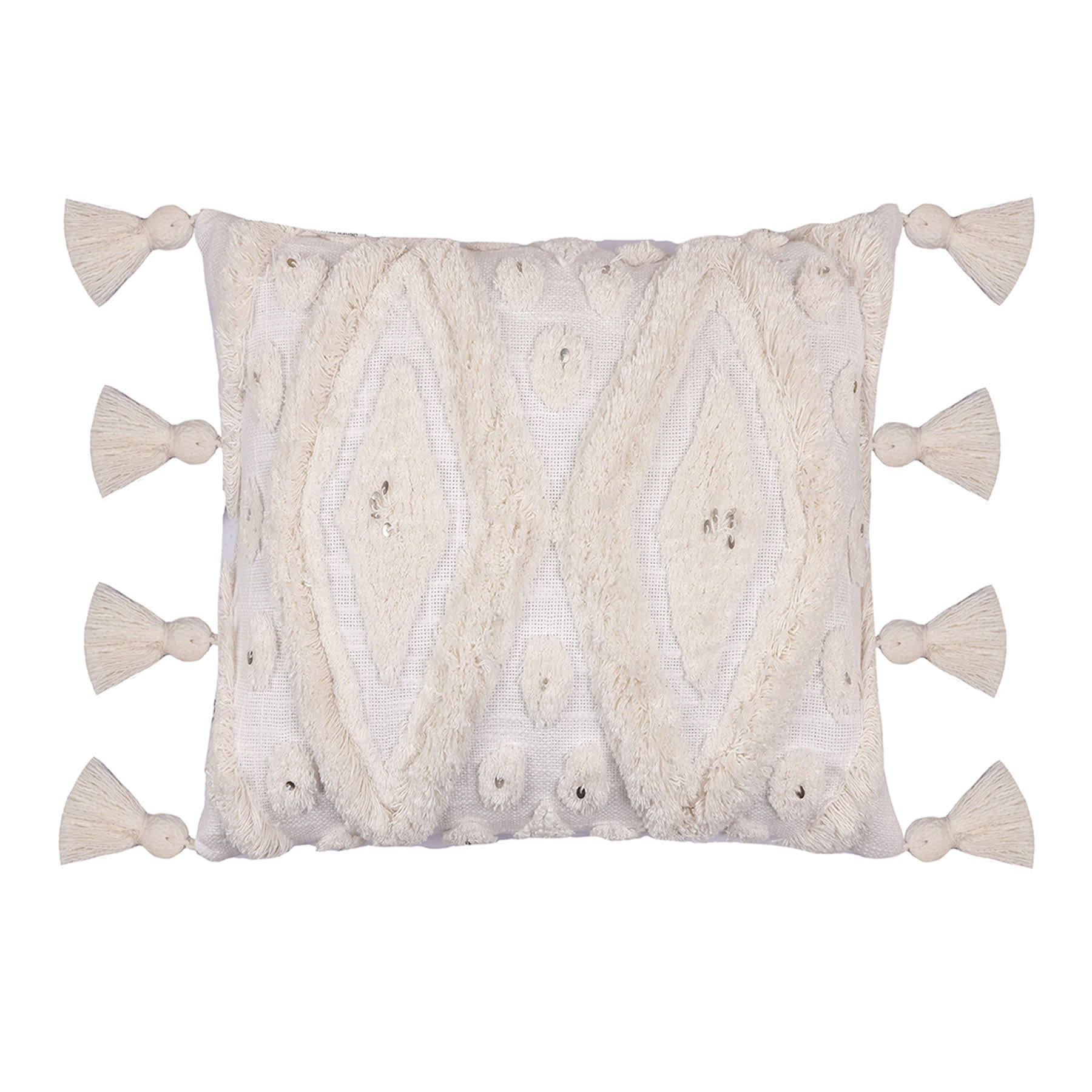 Found & Fable White Tufted Embroidered Throw Pillow with Tassels, 14x20